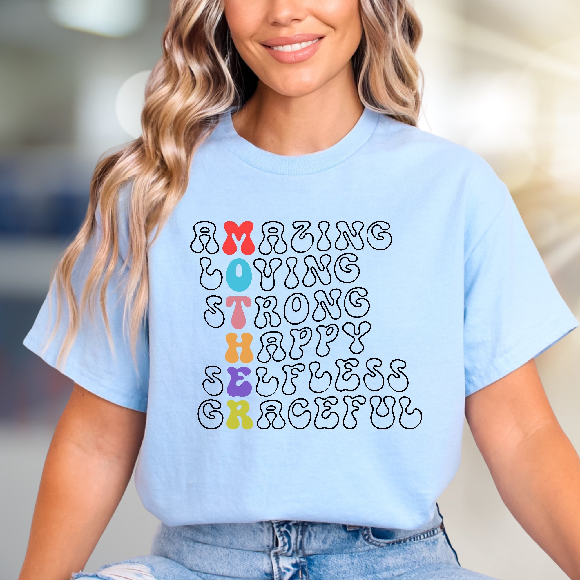 "Amazing Loving Strong Happy Selfless Graceful" Motherhood Graphic Tee, a Heartfelt Pick for Moms