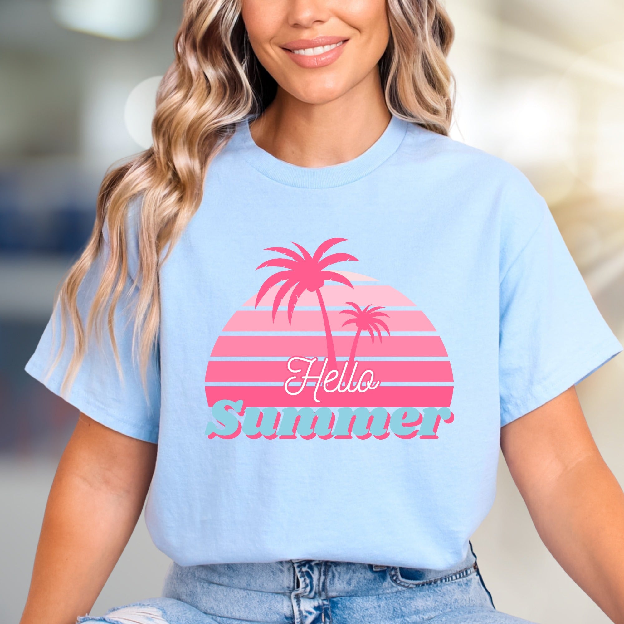 "Hello Summer" Tropical Sunset Graphic Tee, a Vacation Vibes Pick for Beach Lovers