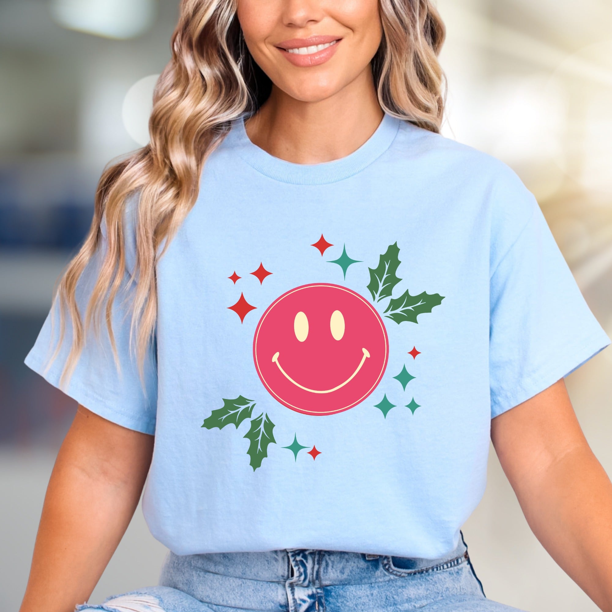 Happy Holly Jolly Smile Face Graphic Tee, a Festive Comfort Pick for Joyful Spirits