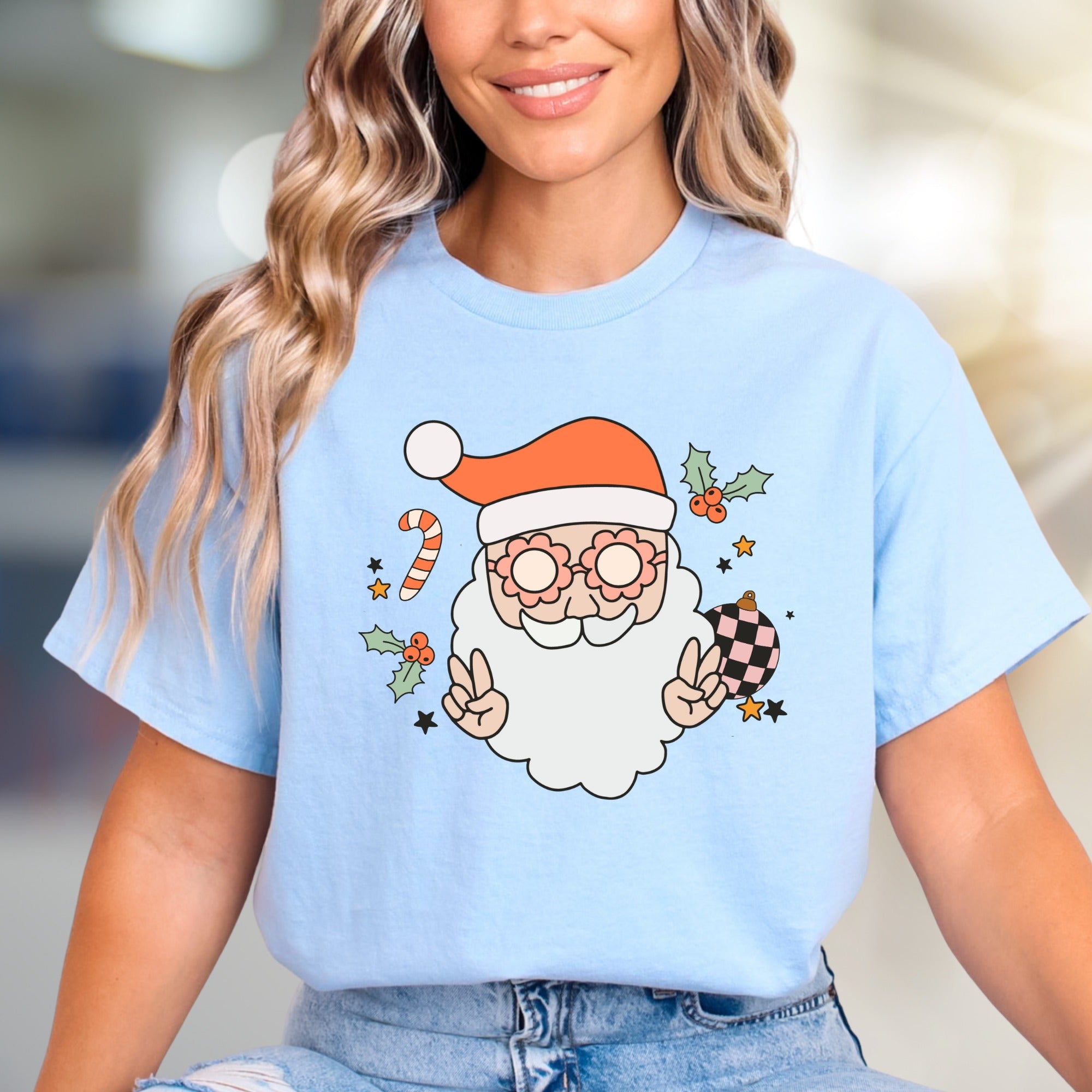 Funky Santa Peace Sign Holly Jolly Christmas Graphic Tee, a Retro Holiday Pick for Everyone
