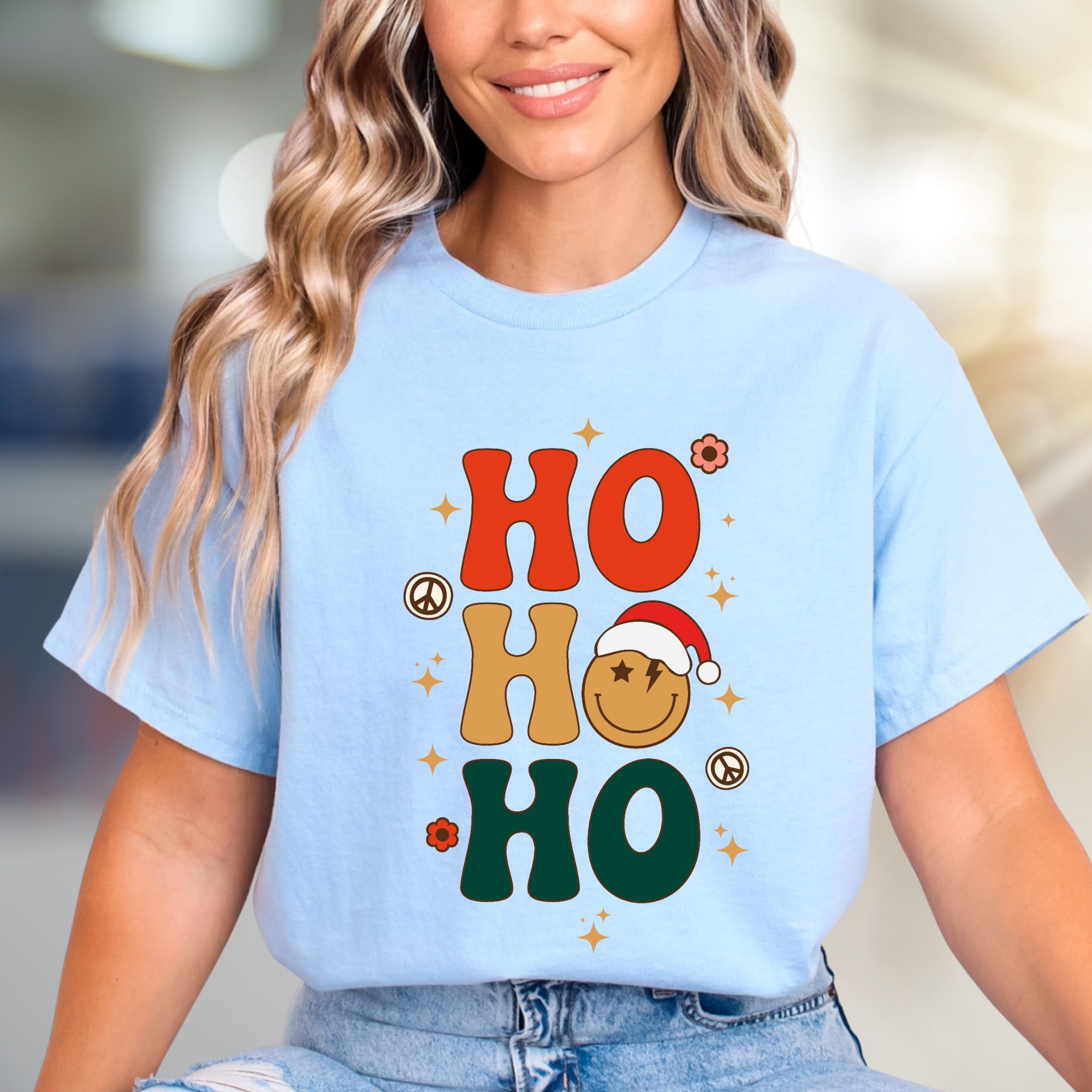 "HO HO HO" Retro Smiley Graphic Tee, a Festive Holiday Pick for Merrymakers