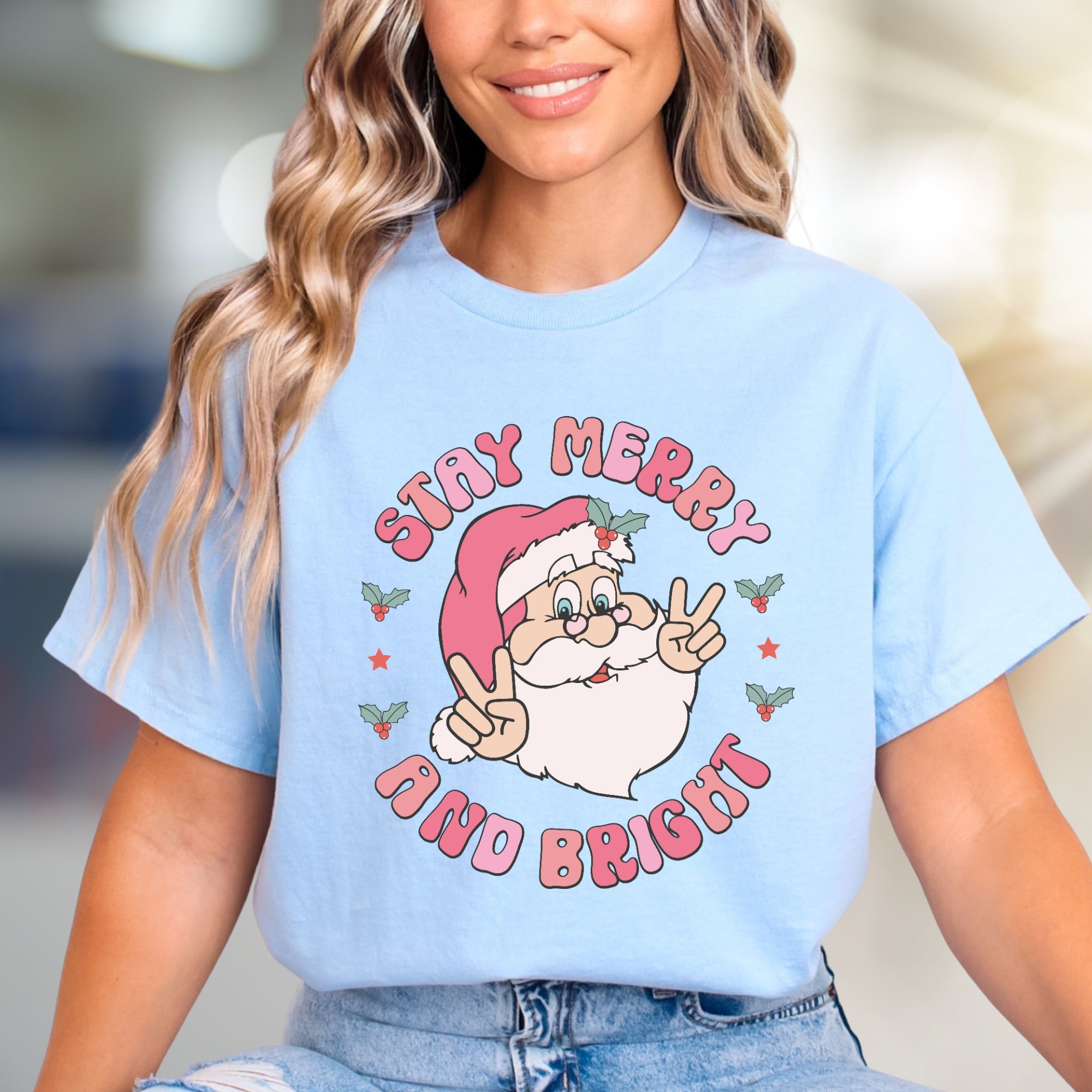 "Stay Merry and Bright" Groovy Santa Graphic Tee, a Retro Christmas Pick for Holiday Lovers