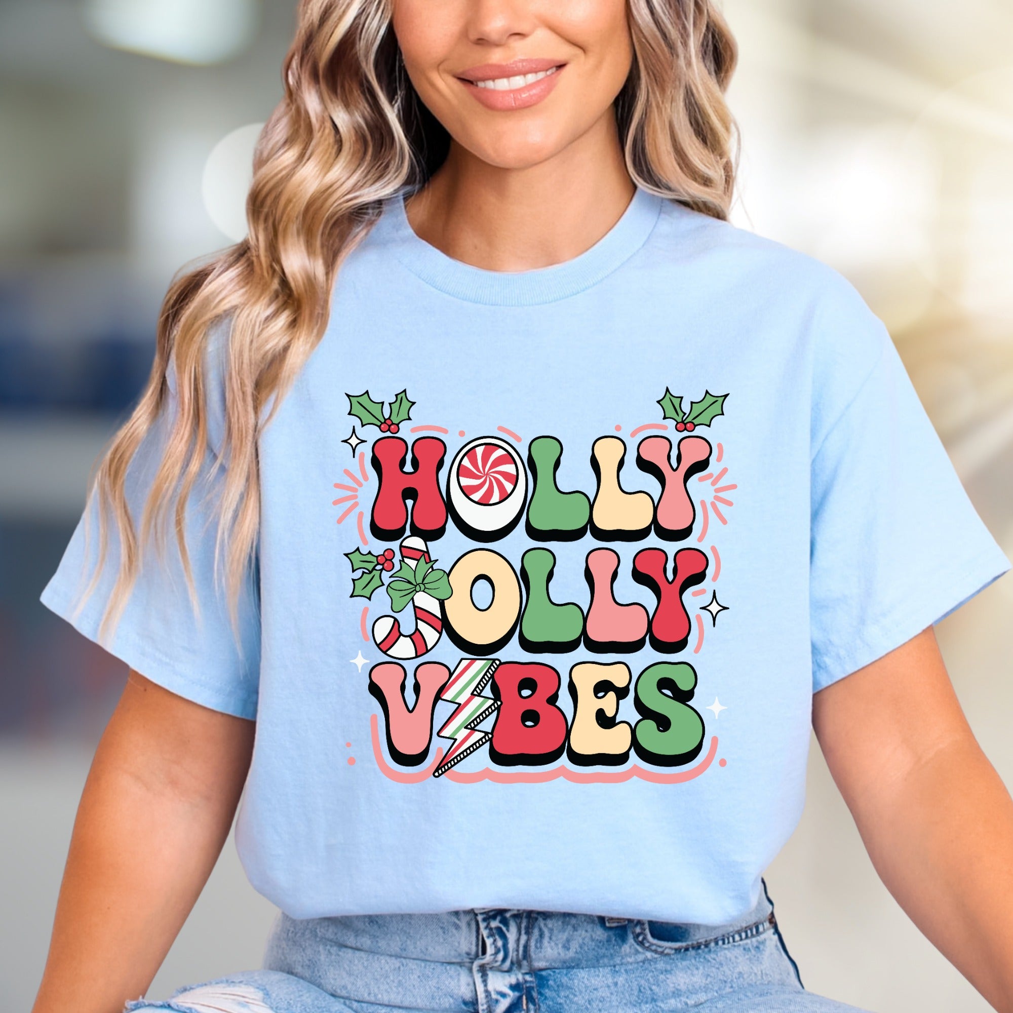 "Holly Jolly Vibes" Retro Christmas Graphic Tee, a Festive Pick for Holiday Enthusiasts