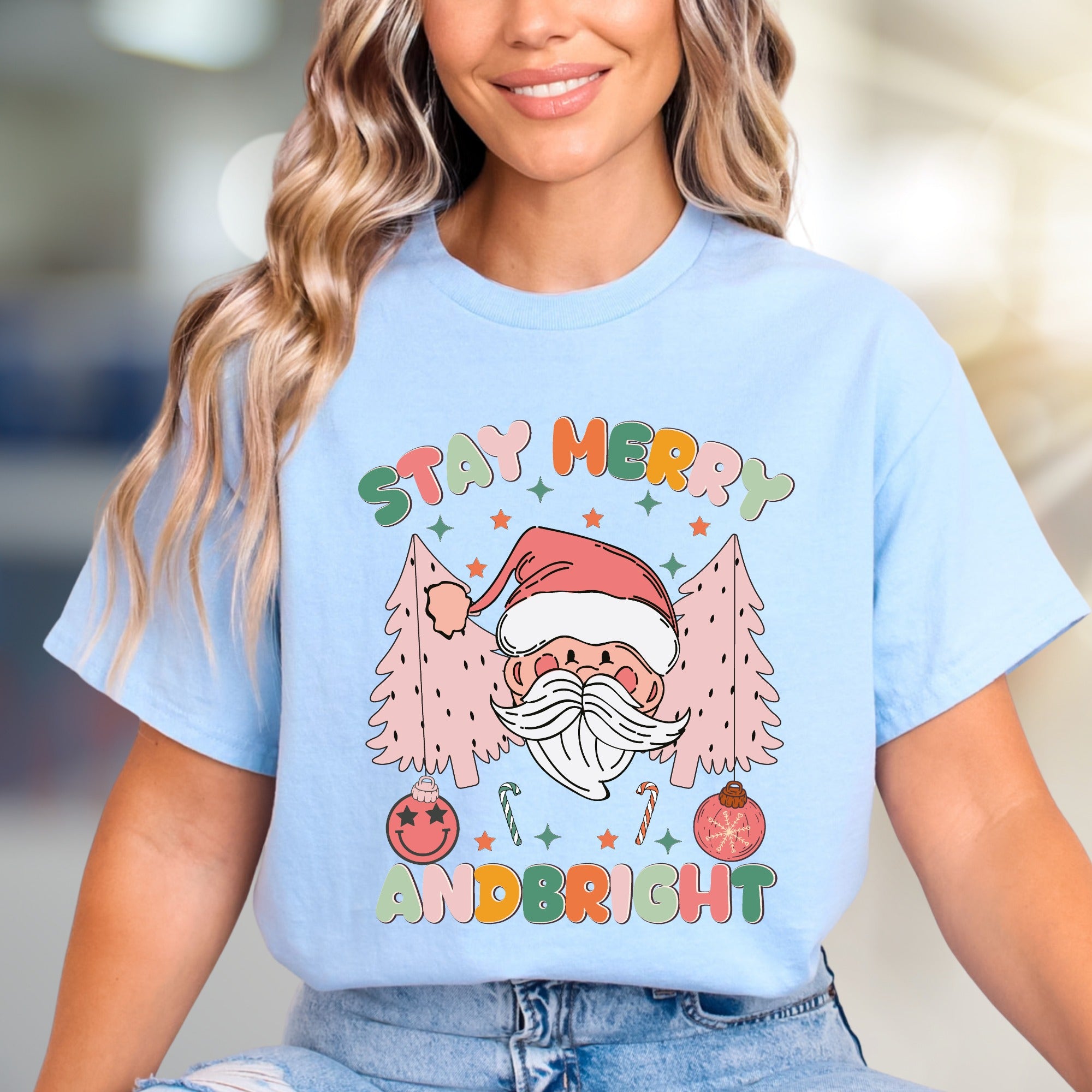 "Stay Merry and Bright" Festive Santa Graphic Tee, a Whimsical Holiday Pick for Everyone