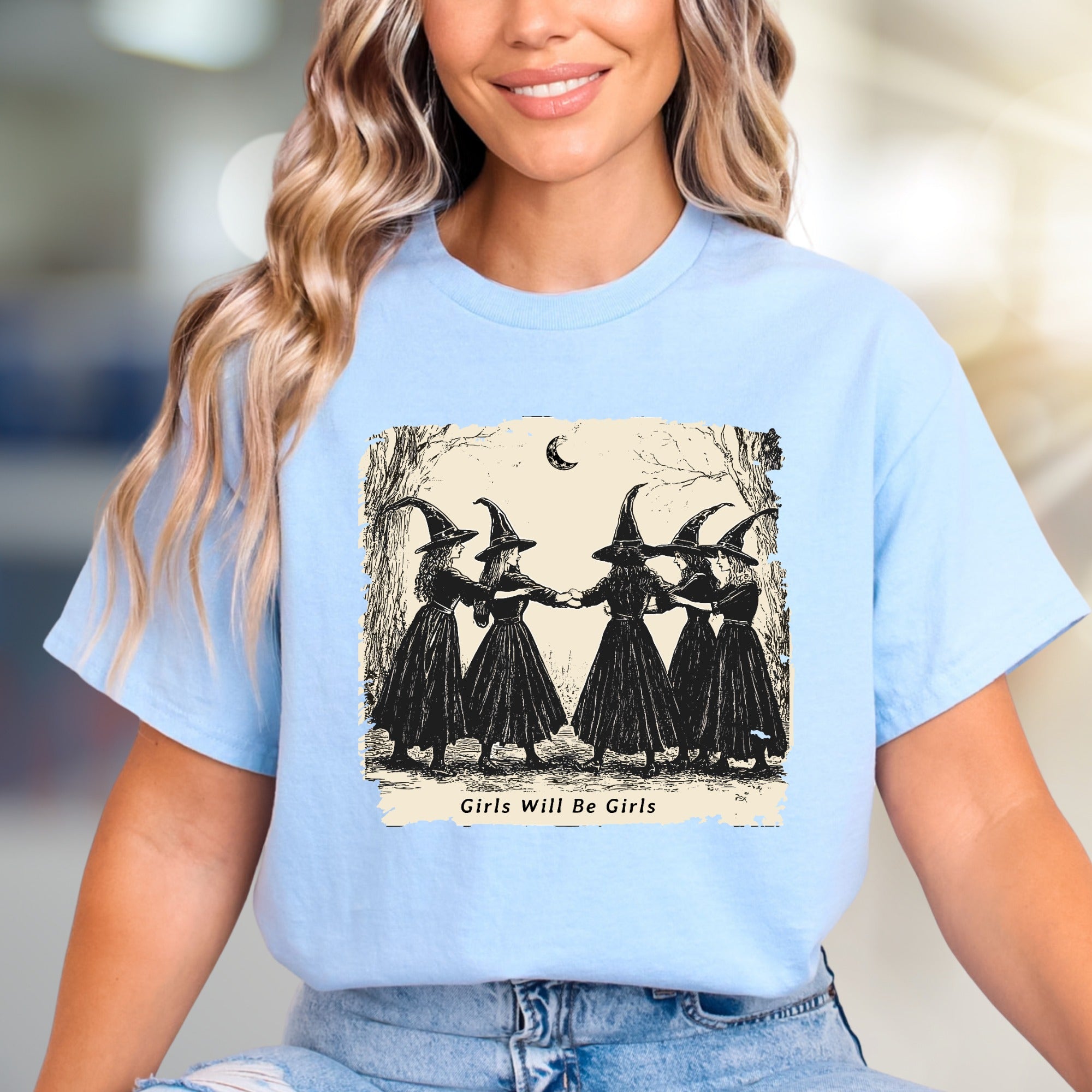 "Girls Will Be Girls" Witchy Sisterhood Graphic Tee, A Mystical Folk Art Pick for Free Spirits