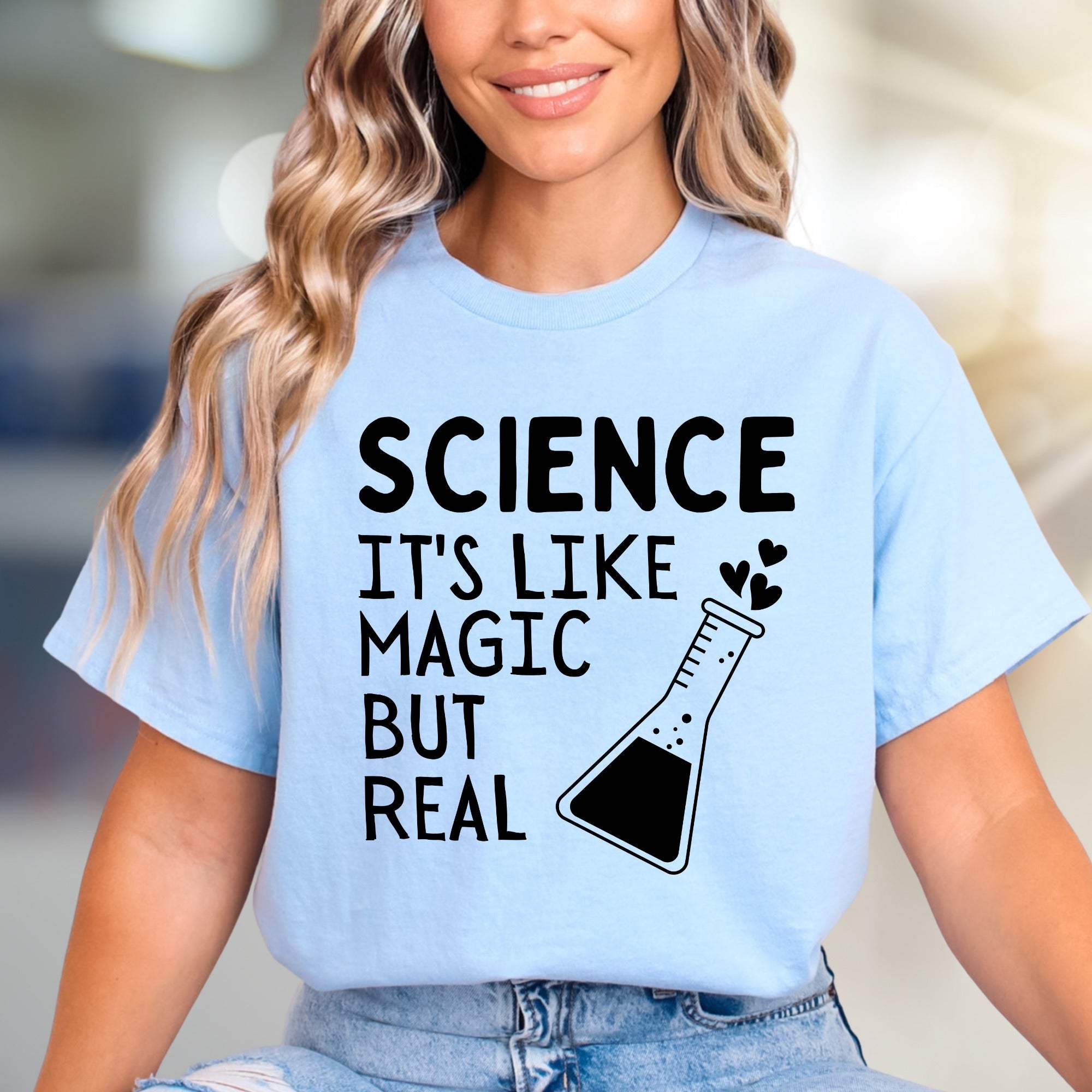 "Science It's Like Magic But Real" Lab Beaker Graphic Tee, a Quirky STEM Pick for Enthusiasts