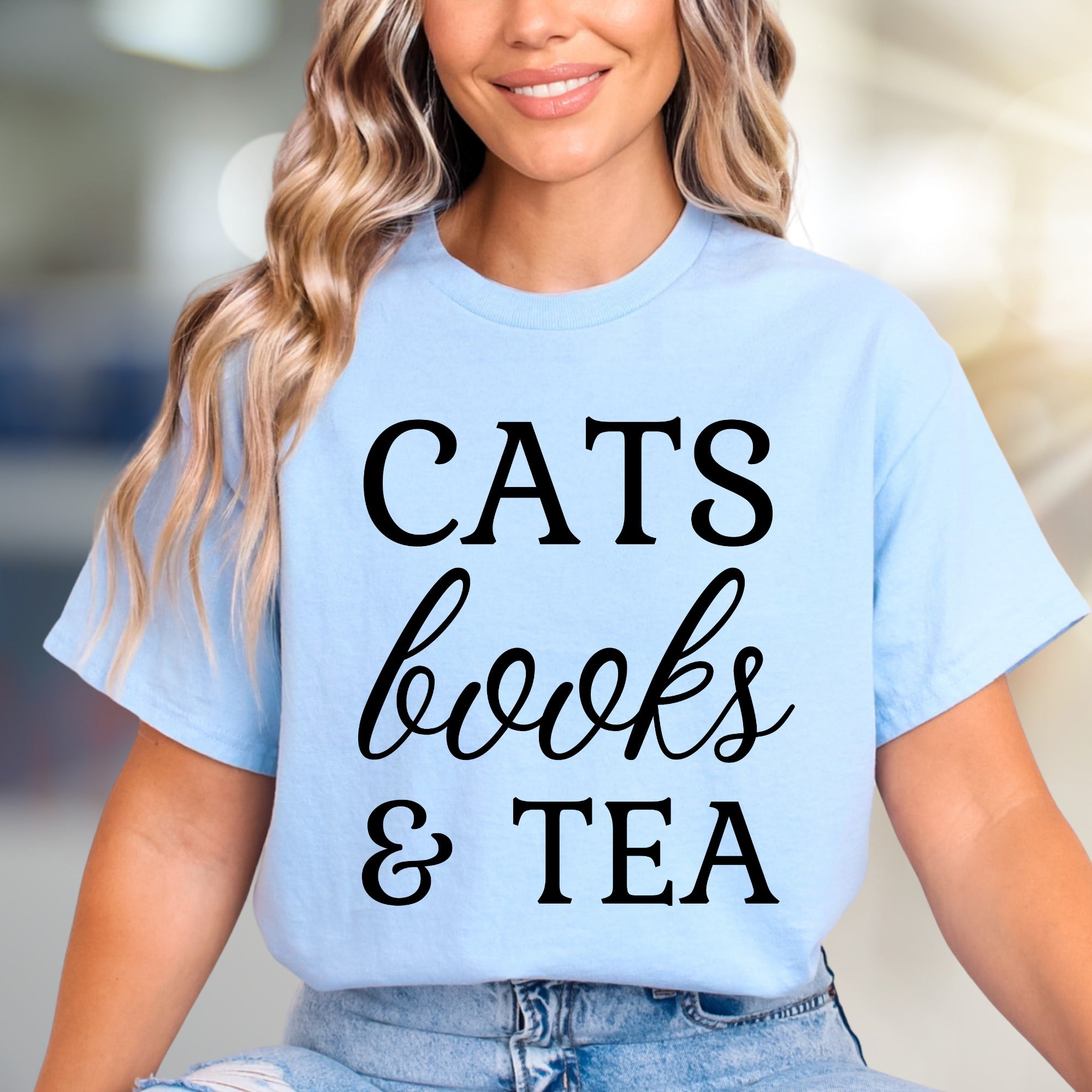 "CATS books & TEA" Cozy Lifestyle Graphic Tee, a Comfort Pick for Introverts