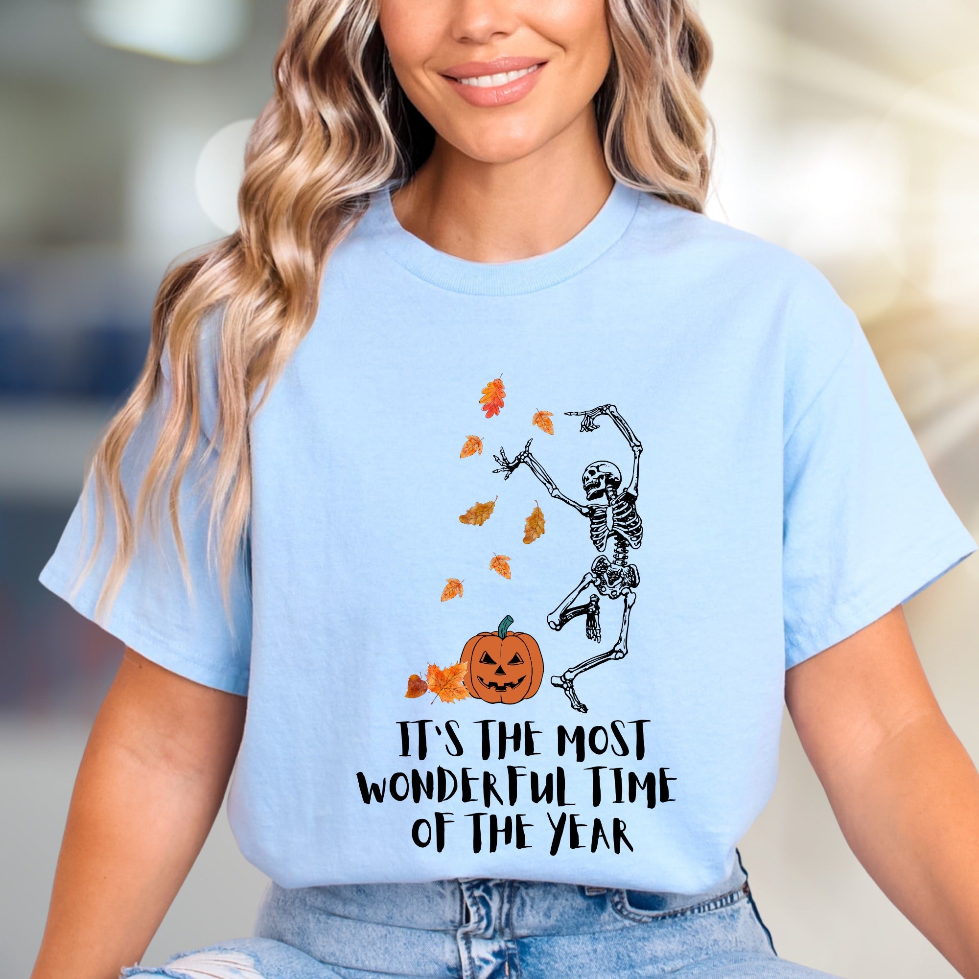 It's the Most Wonderful Time of the Year Halloween Skeleton Graphic Tee, a Spooky Season Pick for Fall Enthusiasts