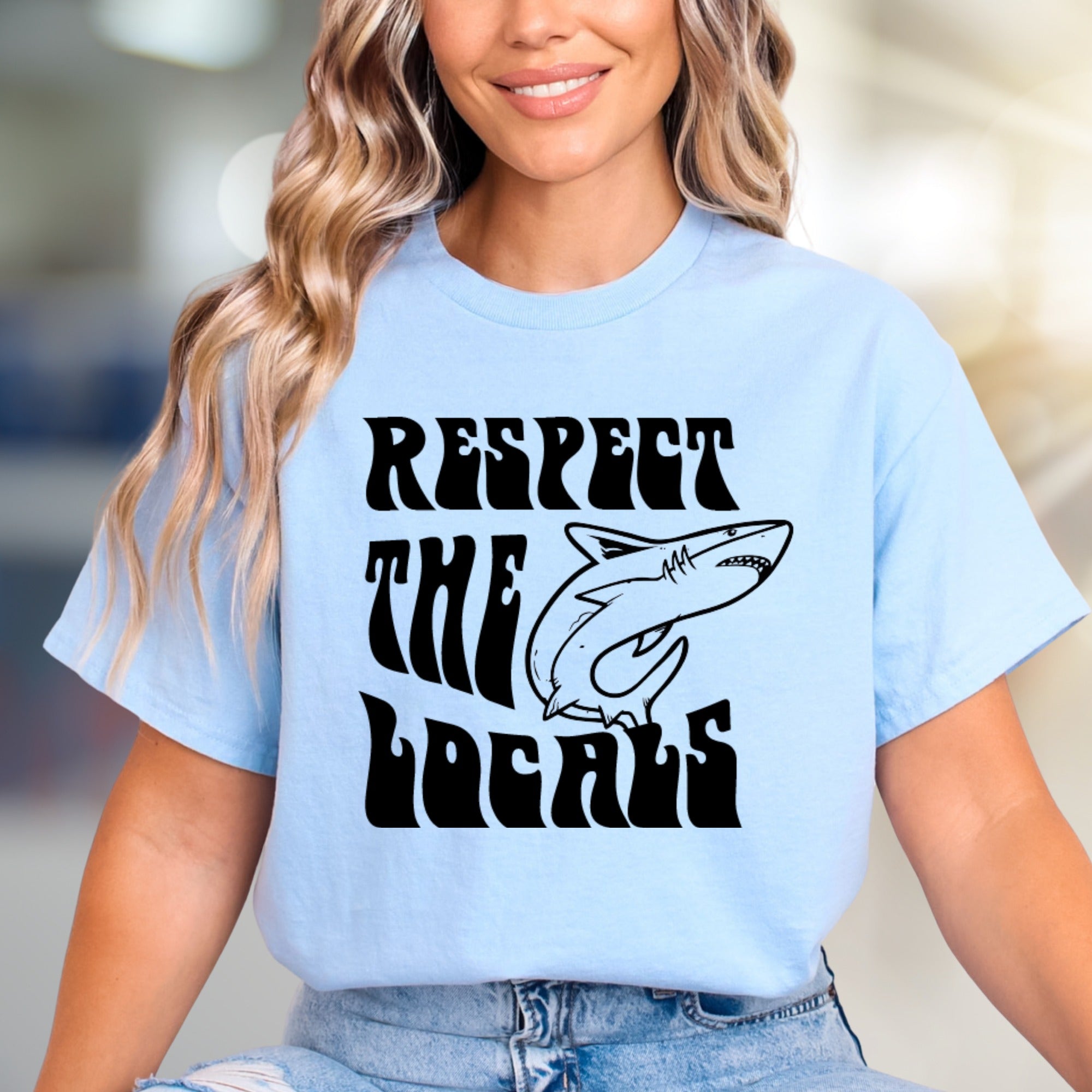 "Respect The Locals" Shark Graphic Tee, A Coastal-Cool Pick for Ocean Lovers