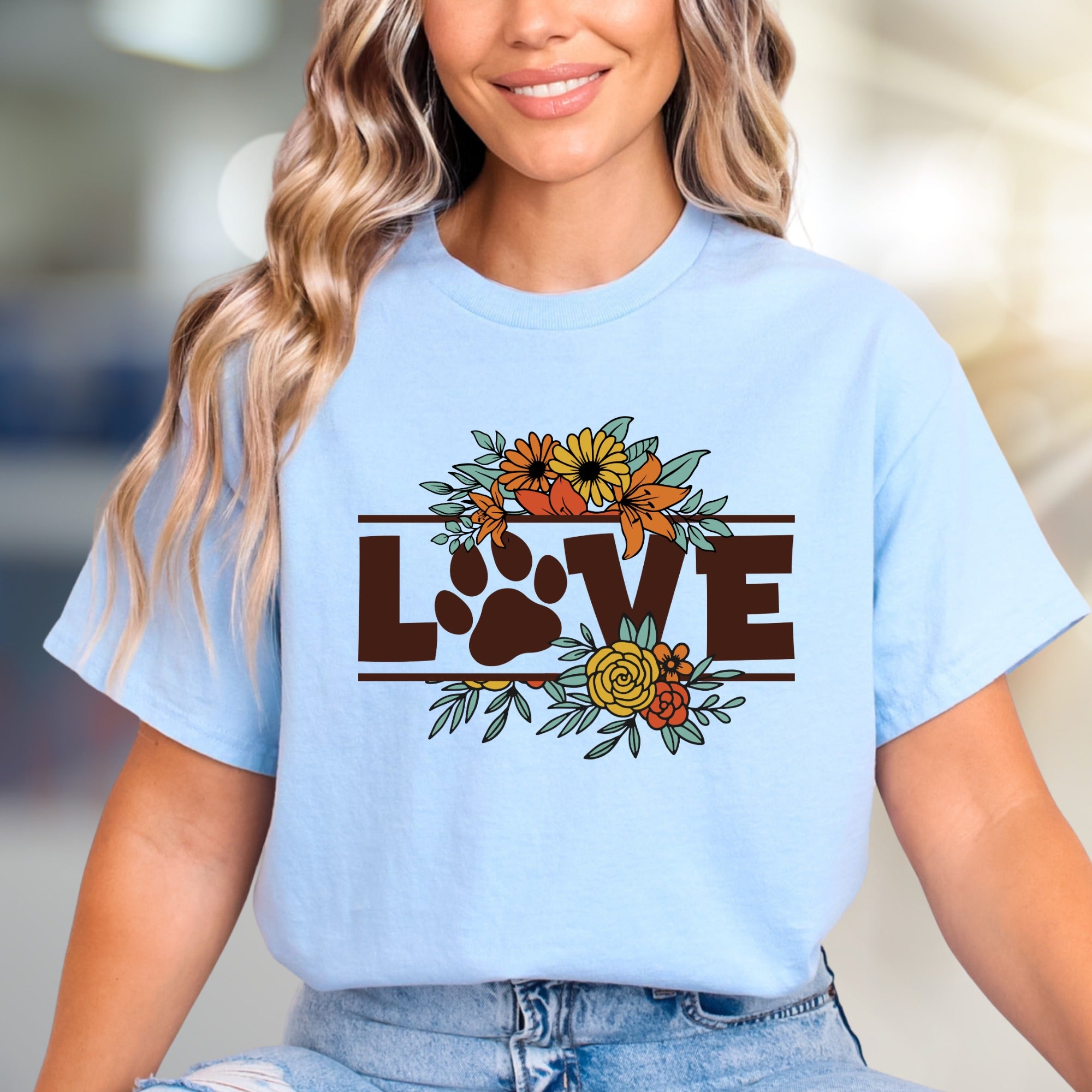 "LOVE" Floral Paw Print Graphic Tee, a Bohemian Pet Lover's Pick for Everyday Style