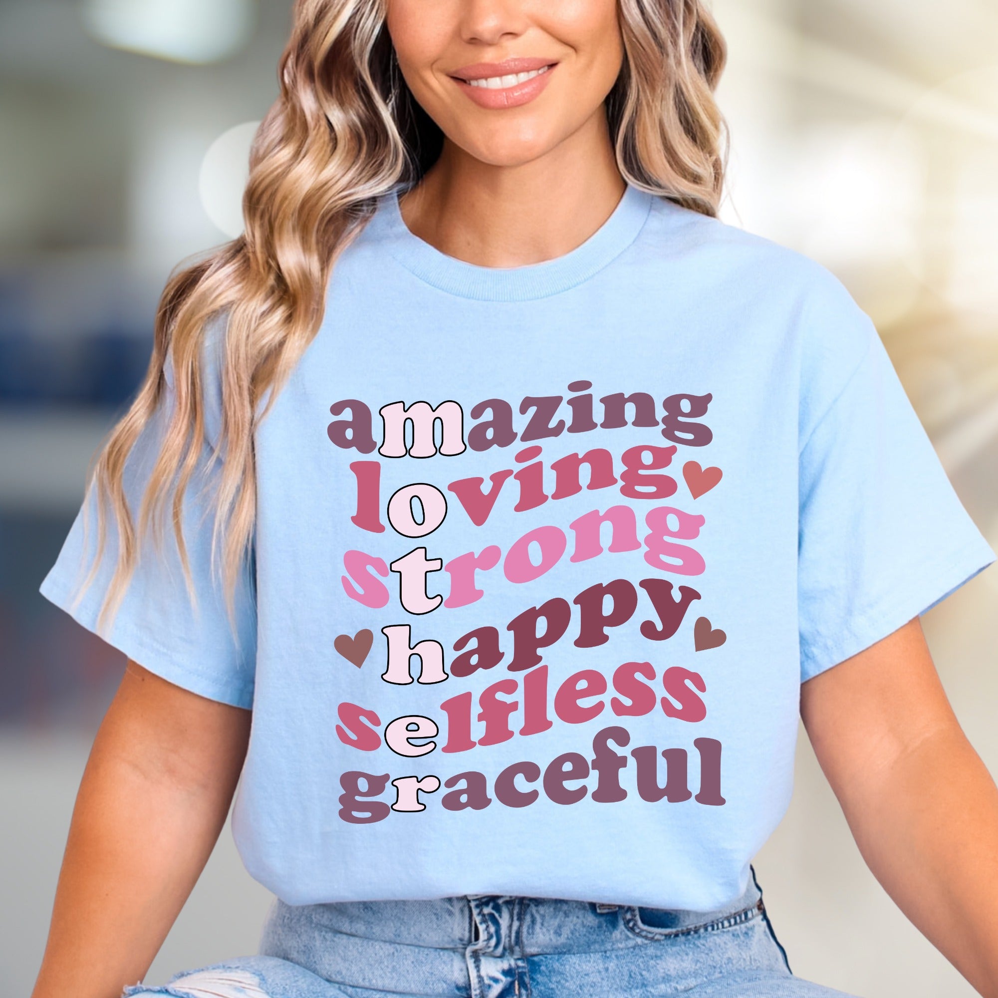 "Amazing Loving Strong Happy Selfless Graceful" Empowering Groovy Graphic Tee, a Self-Love Pick for Her