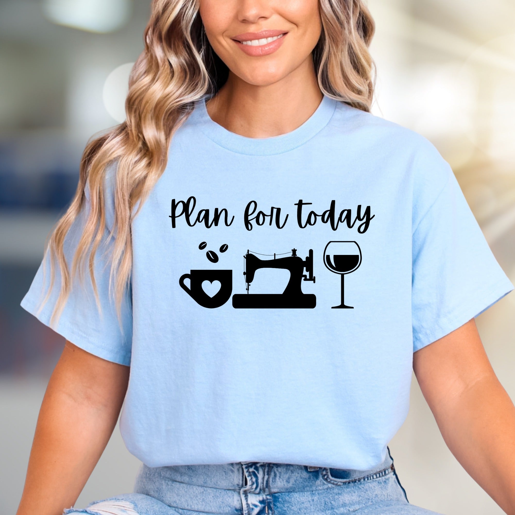 "Plan for Today" Coffee Sewing Wine Graphic Tee, a Crafty Lifestyle Pick for Artisans