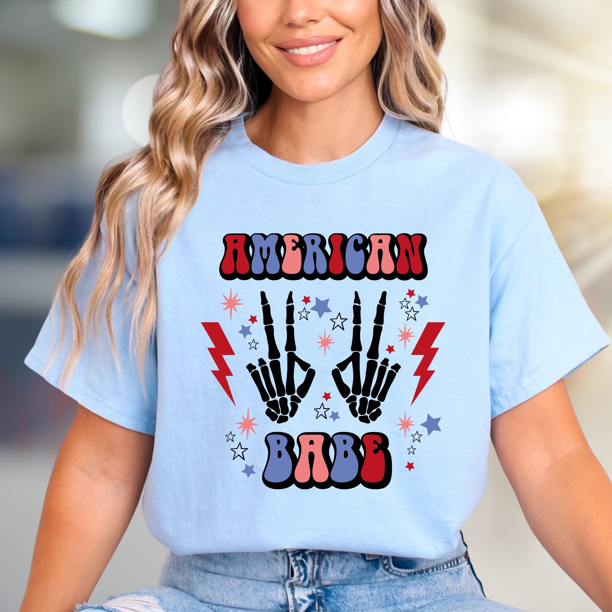 "AMERICAN BABE" Retro Patriotic Skeleton Tee, a Groovy Pick for Free Spirits