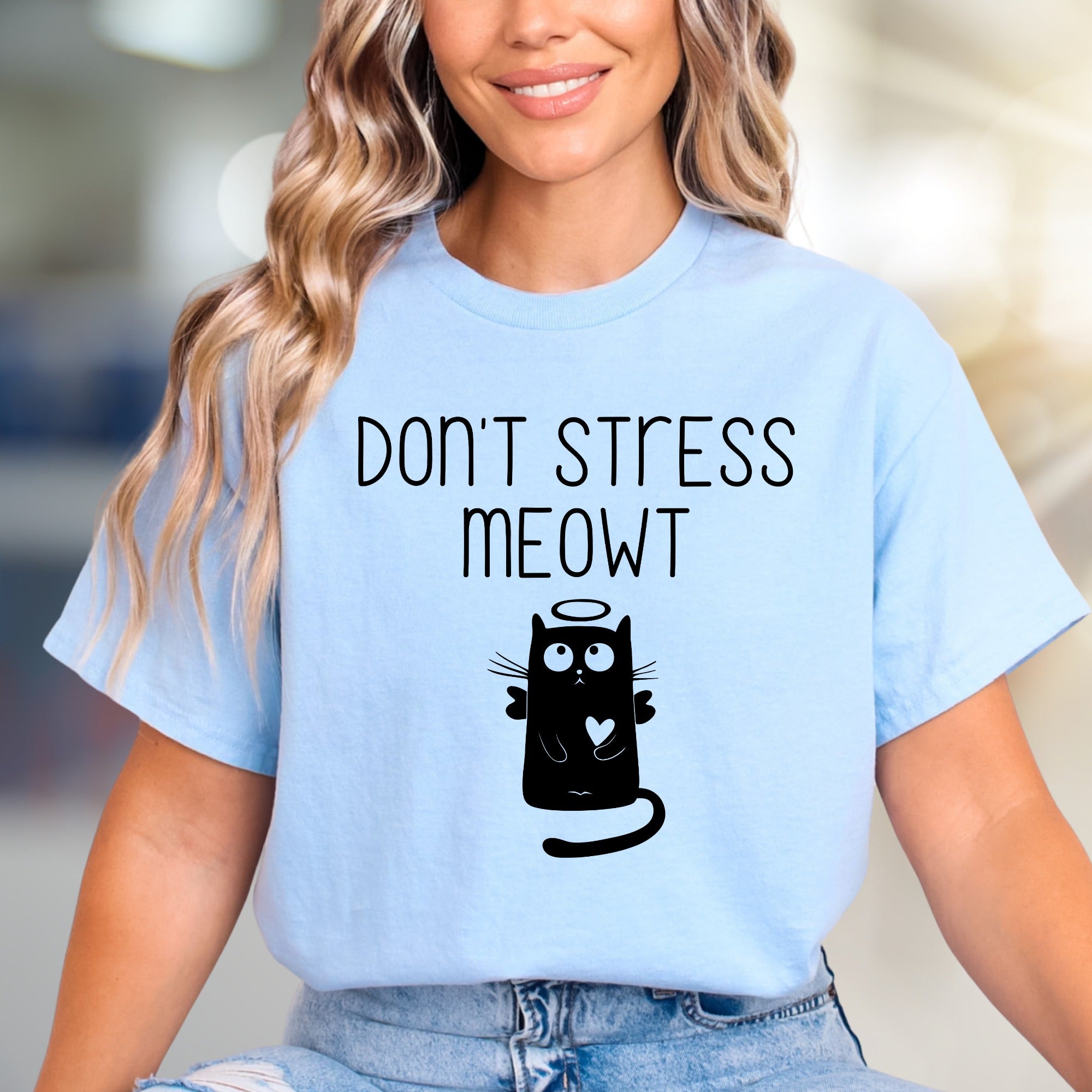 "Don't Stress Meowt" Angel Cat Graphic Tee, a Whimsical Pick for Cat Lovers