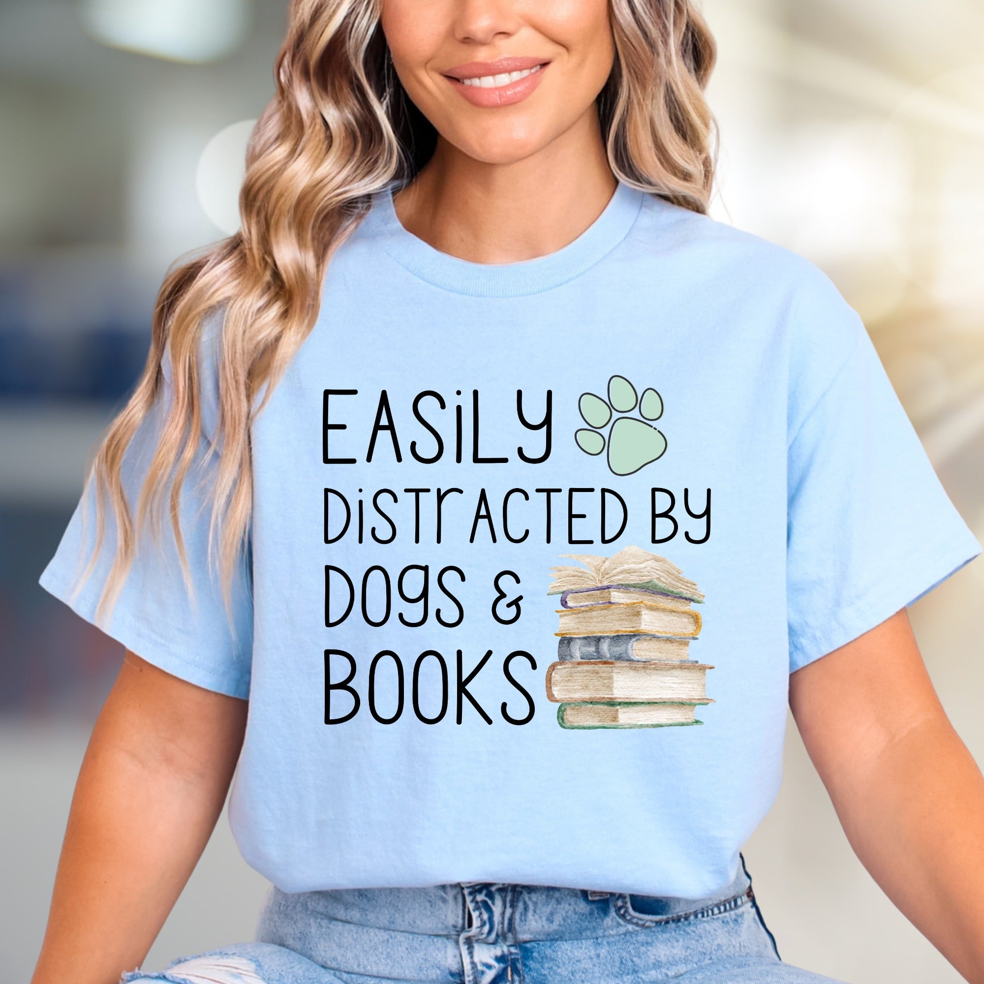 "Easily Distracted by Dogs & Books" Cozy Graphic Tee, a Pet Lover's Pick for Readers