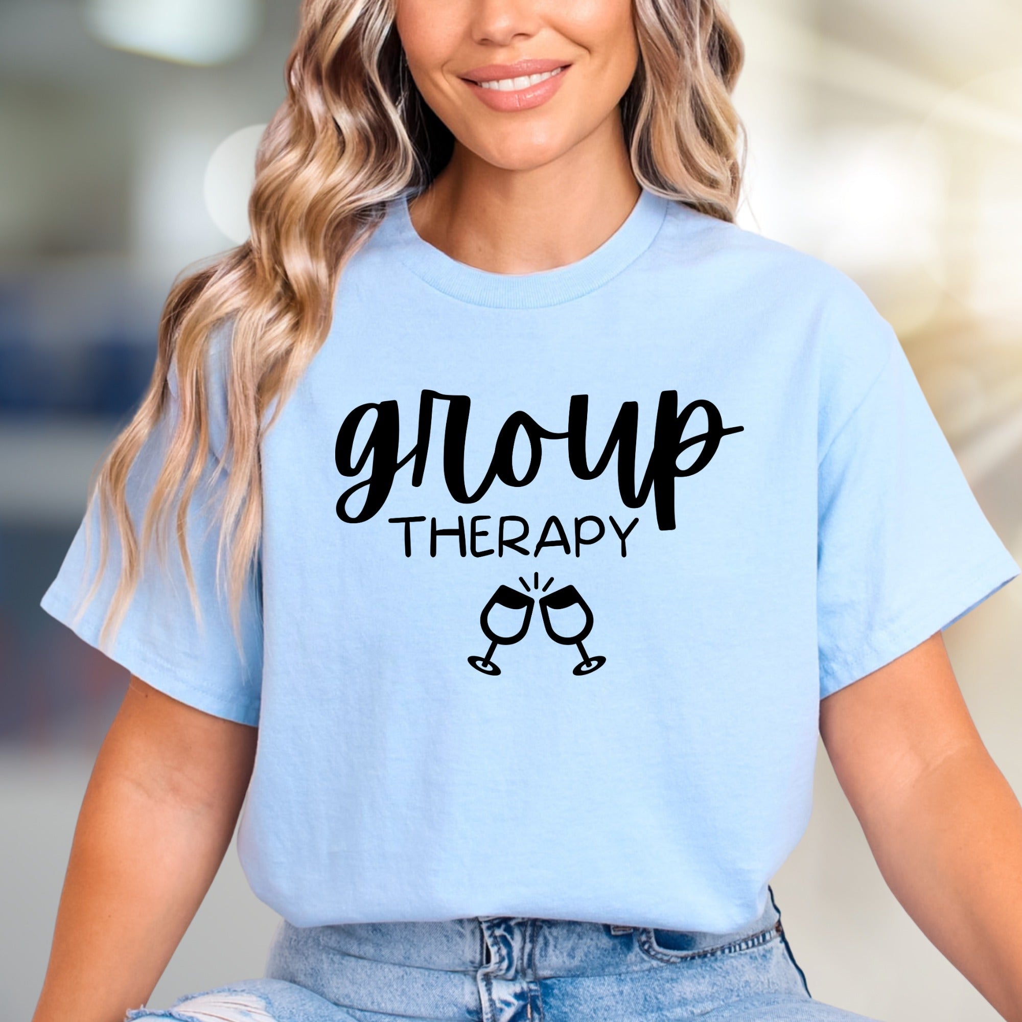 "Group Therapy" Wine Glasses Graphic Tee, a Social Pick for Fun-Loving Friends