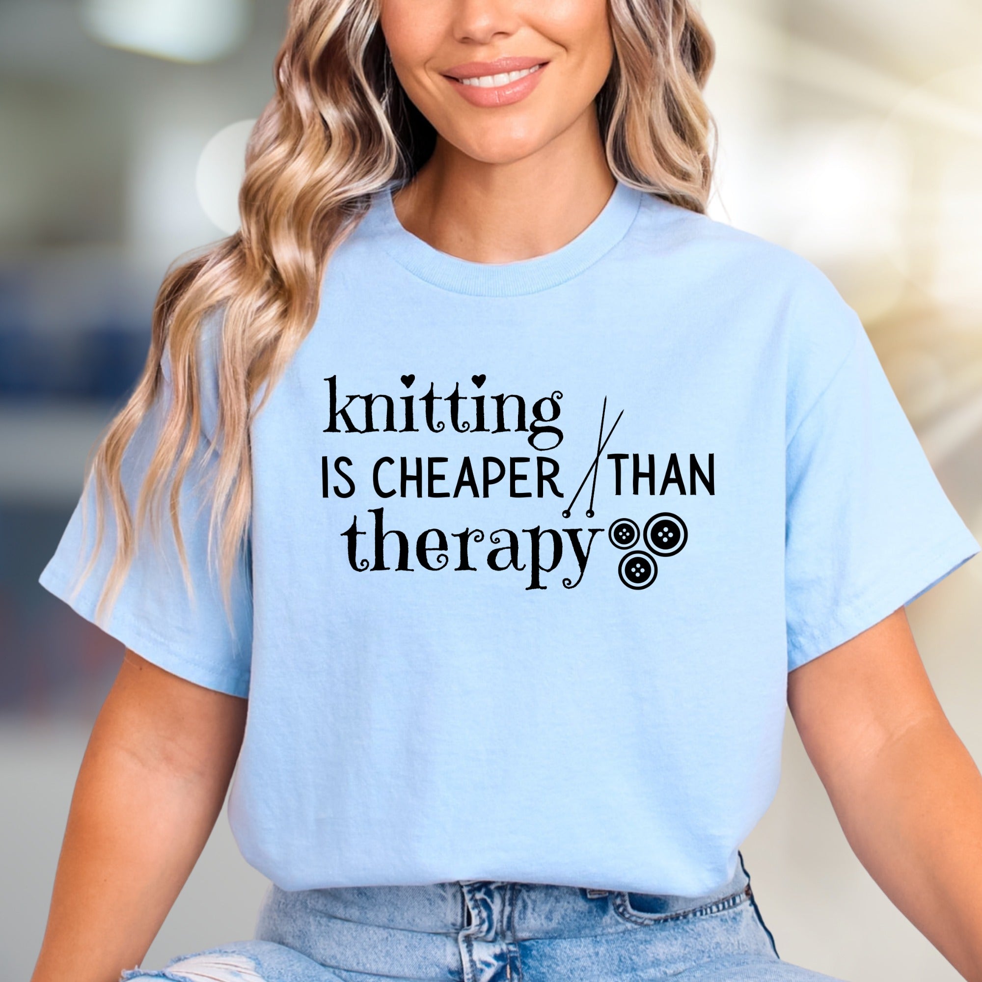 "Knitting is Cheaper Than Therapy" Crafty Graphic Tee, A Creative Comfort Pick for Makers