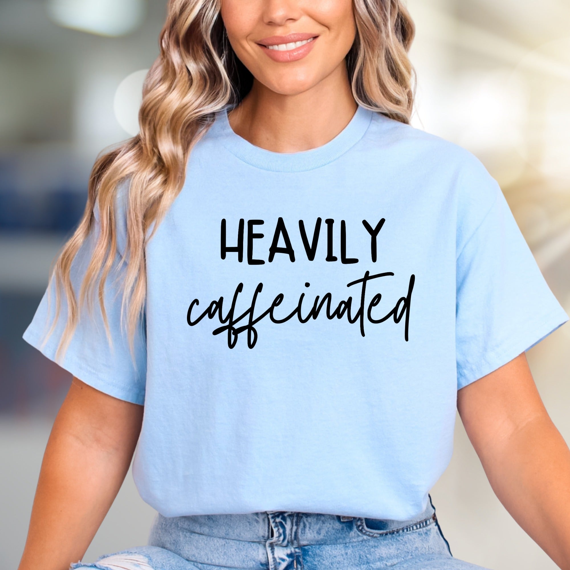 "Heavily Caffeinated" Coffee Lover Graphic Tee, a Witty Statement for Everyday