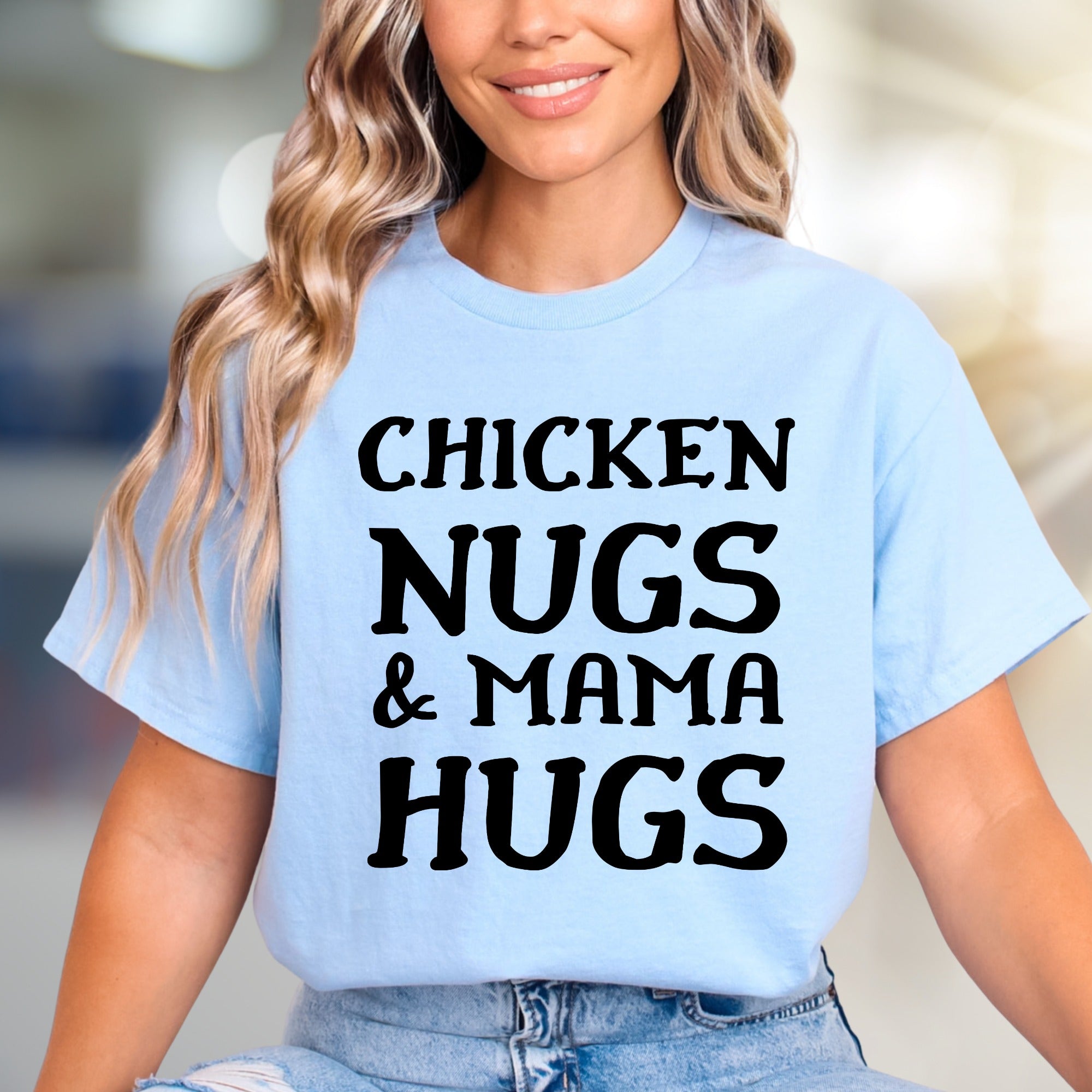 "Chicken Nugs & Mama Hugs" Whimsical Mom Life Graphic Tee, a Comfort-First Choice for Everyday