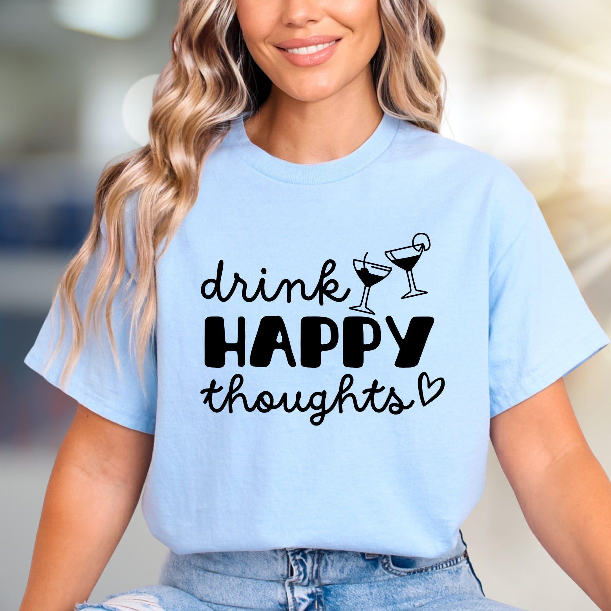"Drink Happy Thoughts" Cocktail Graphic Tee, a Positive Vibe Pick for Everyone