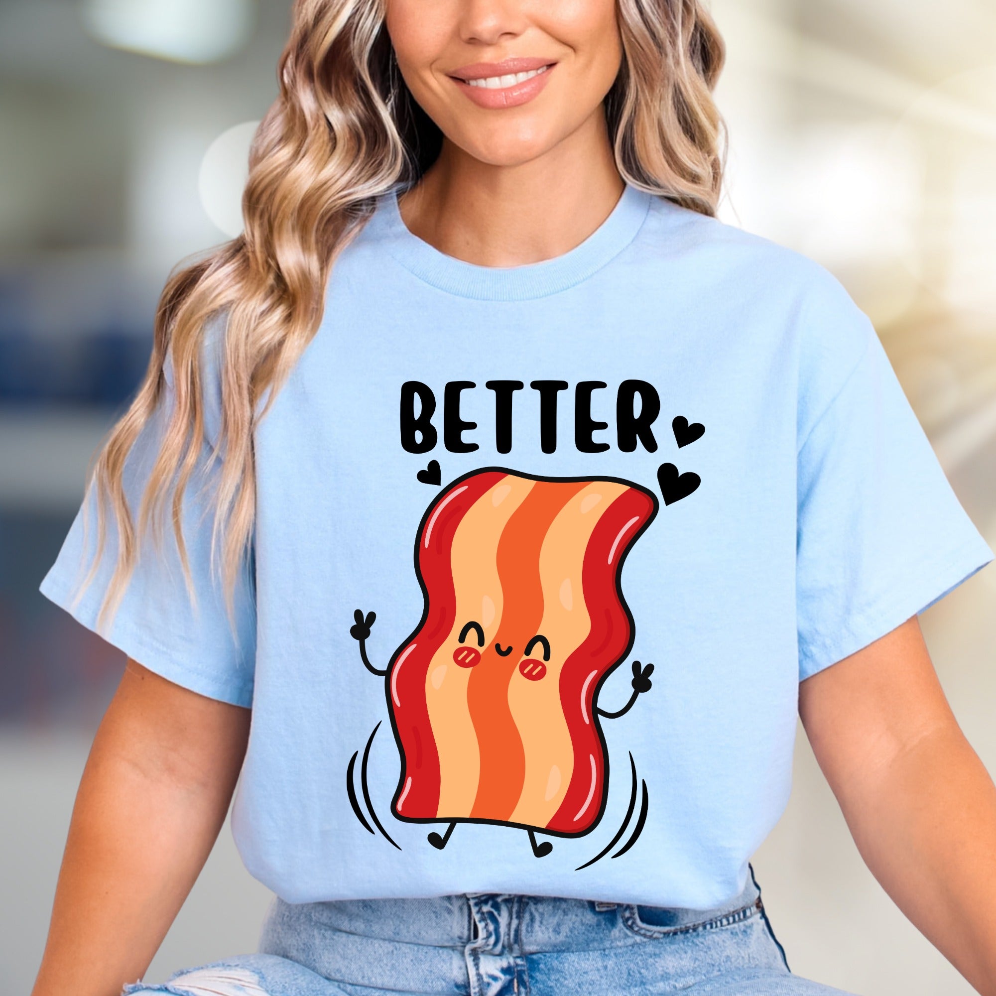 "BETTER" Cute Bacon Jumping Graphic Tee, a Fun Foodie Pick for Couples