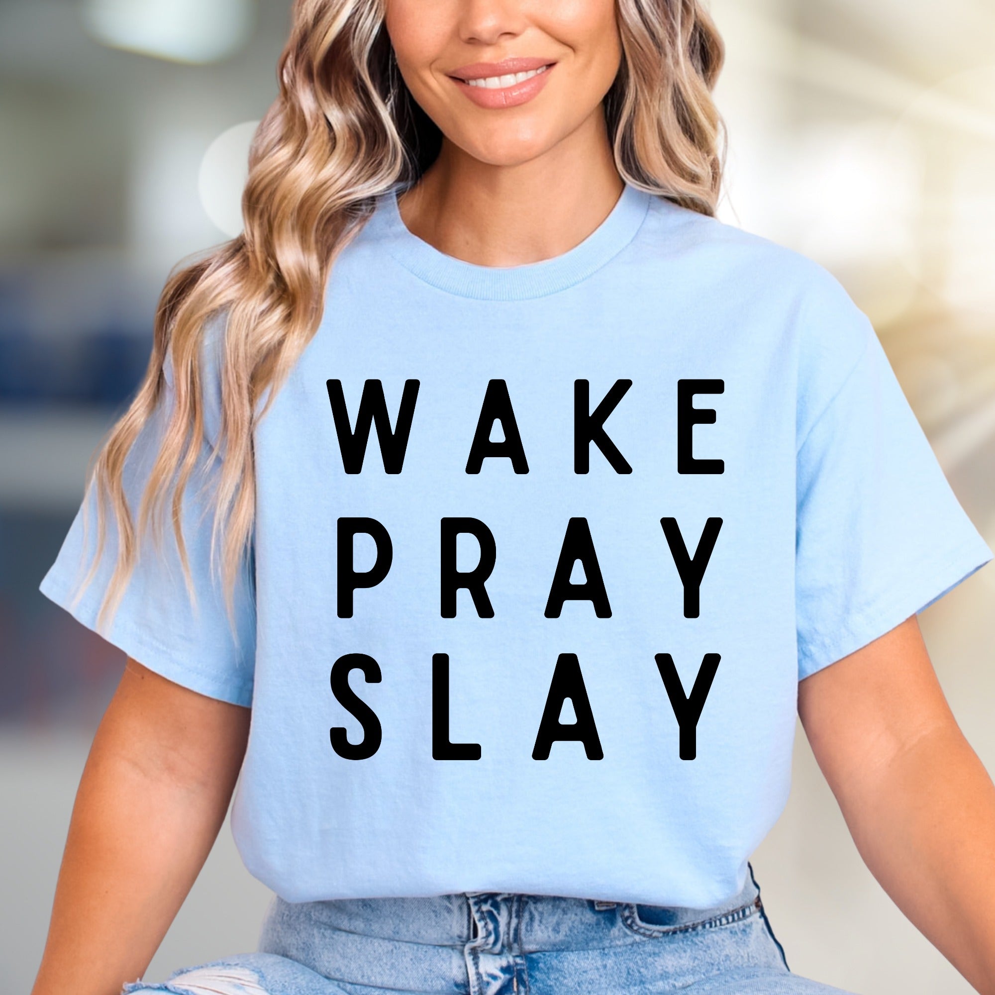 "WAKE PRAY SLAY" Motivational Graphic Tee, an Empowering Pick for Go-Getters