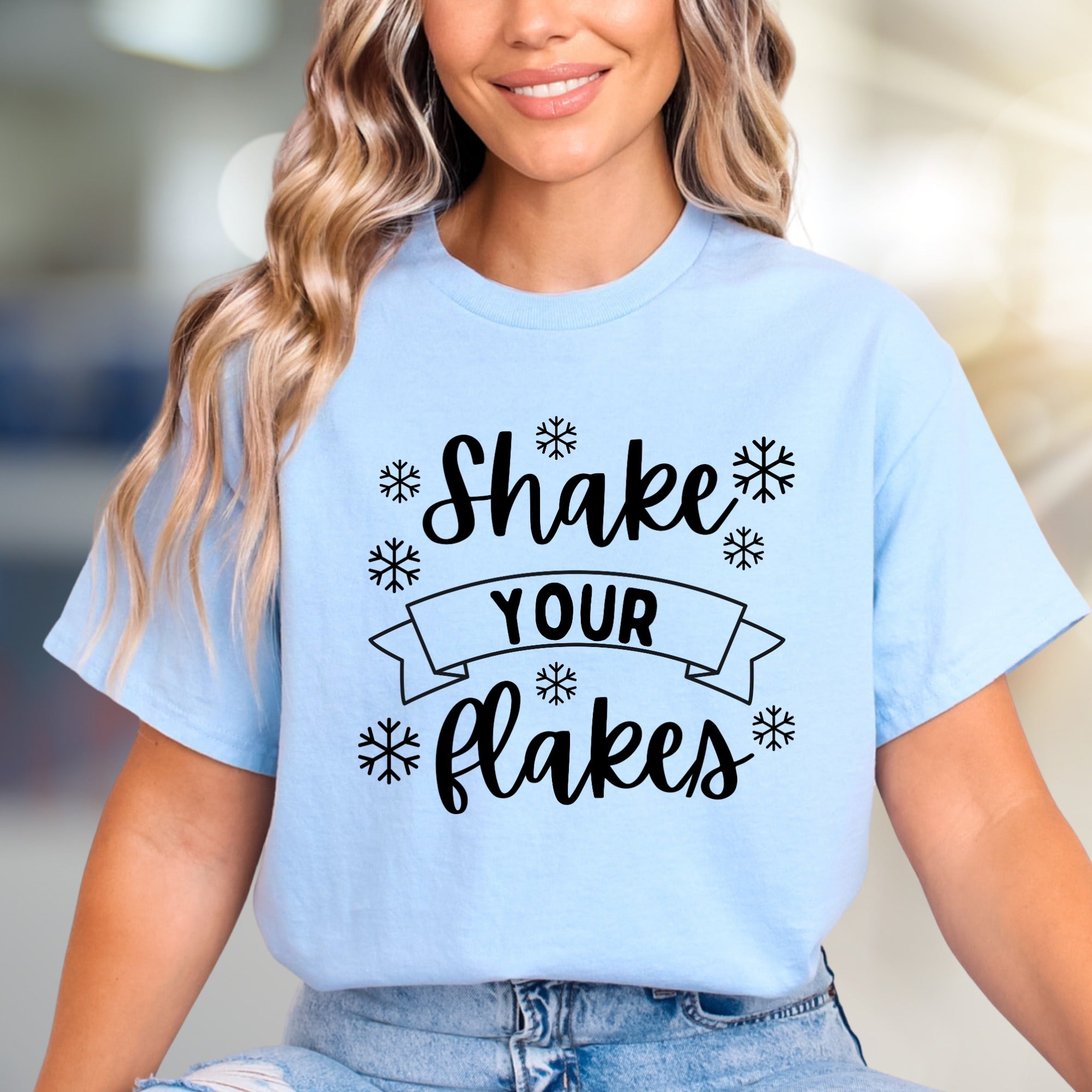 "Shake Your Flakes" Winter Fun Graphic Tee, a Playful Holiday Pick for Everyone