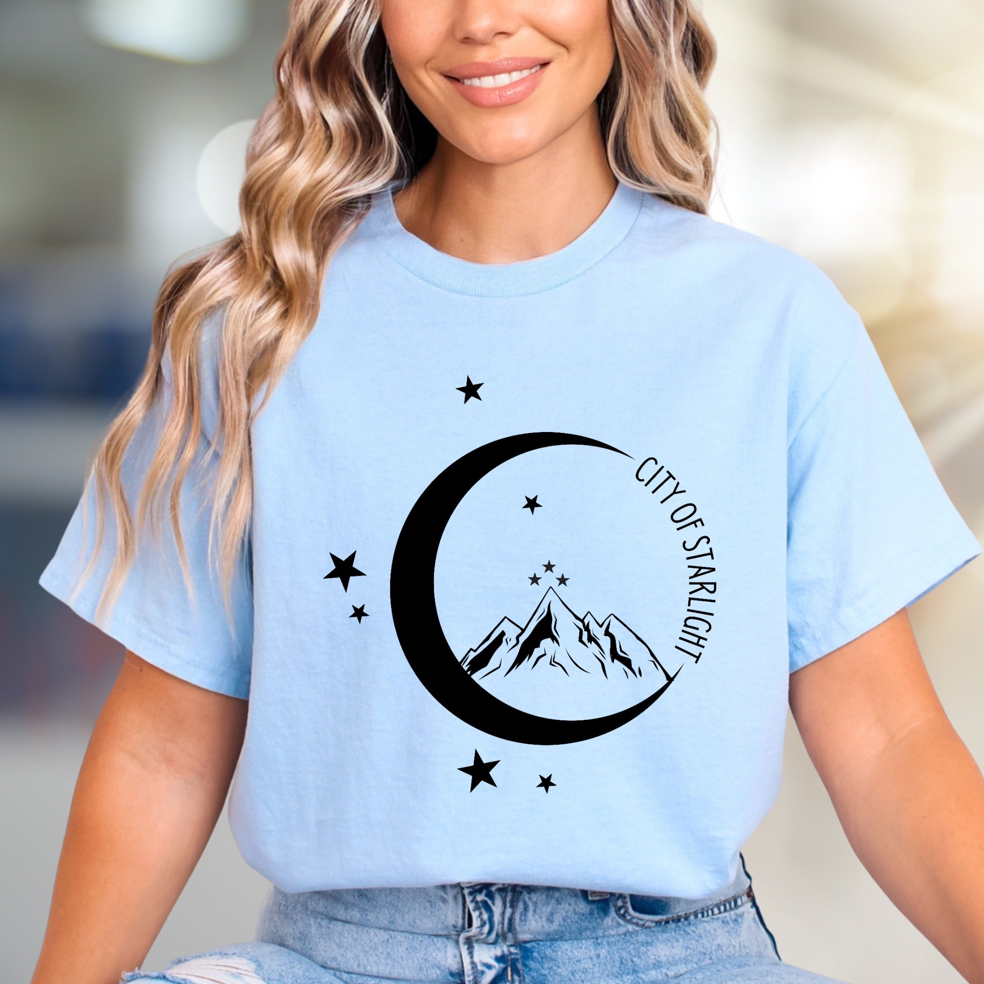 "City of Starlight" Mountain & Moon Graphic Tee, an Celestial Pick for Dreamers