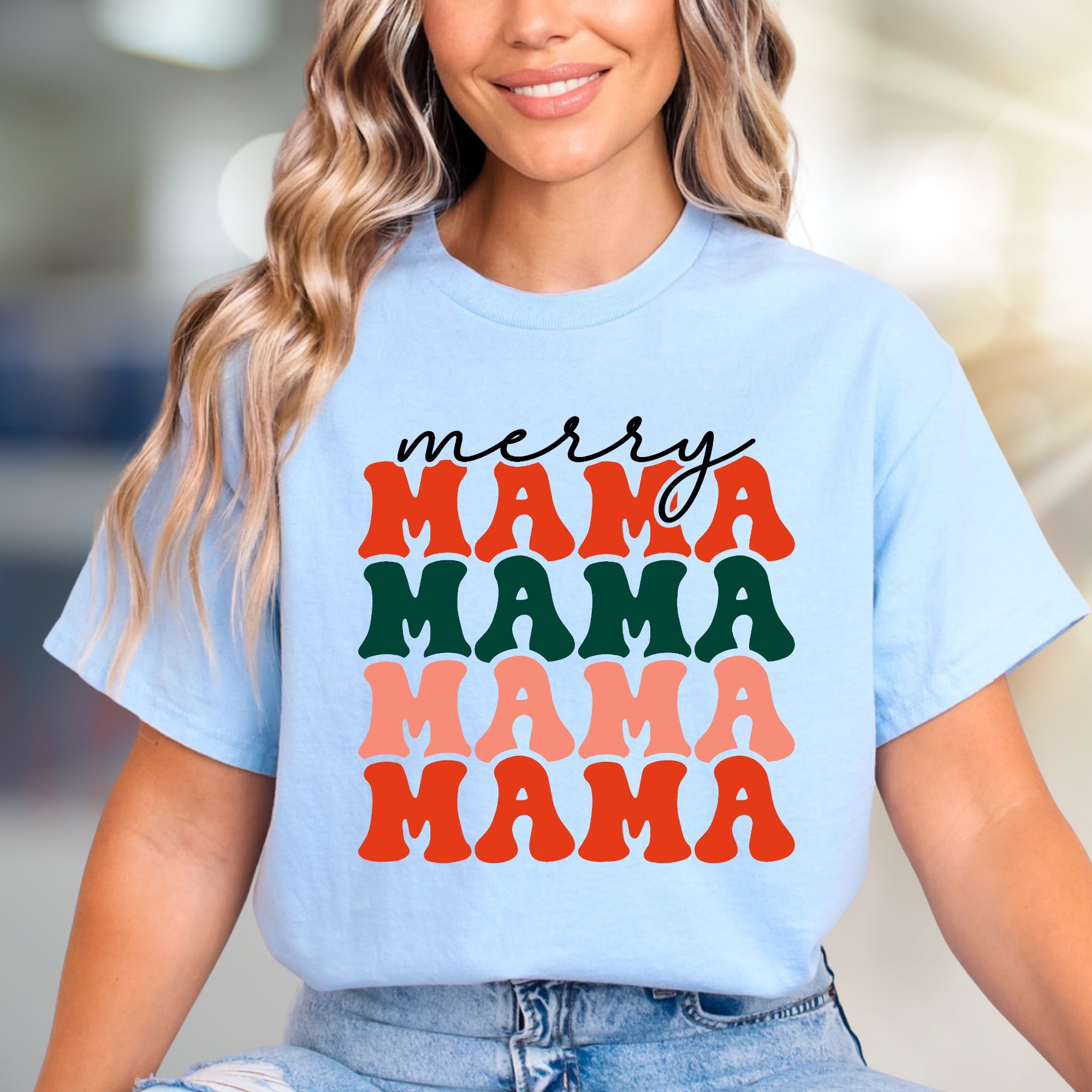 "Merry Mama Mama Mama" Retro Holiday Graphic Tee, a Festive Pick for Moms