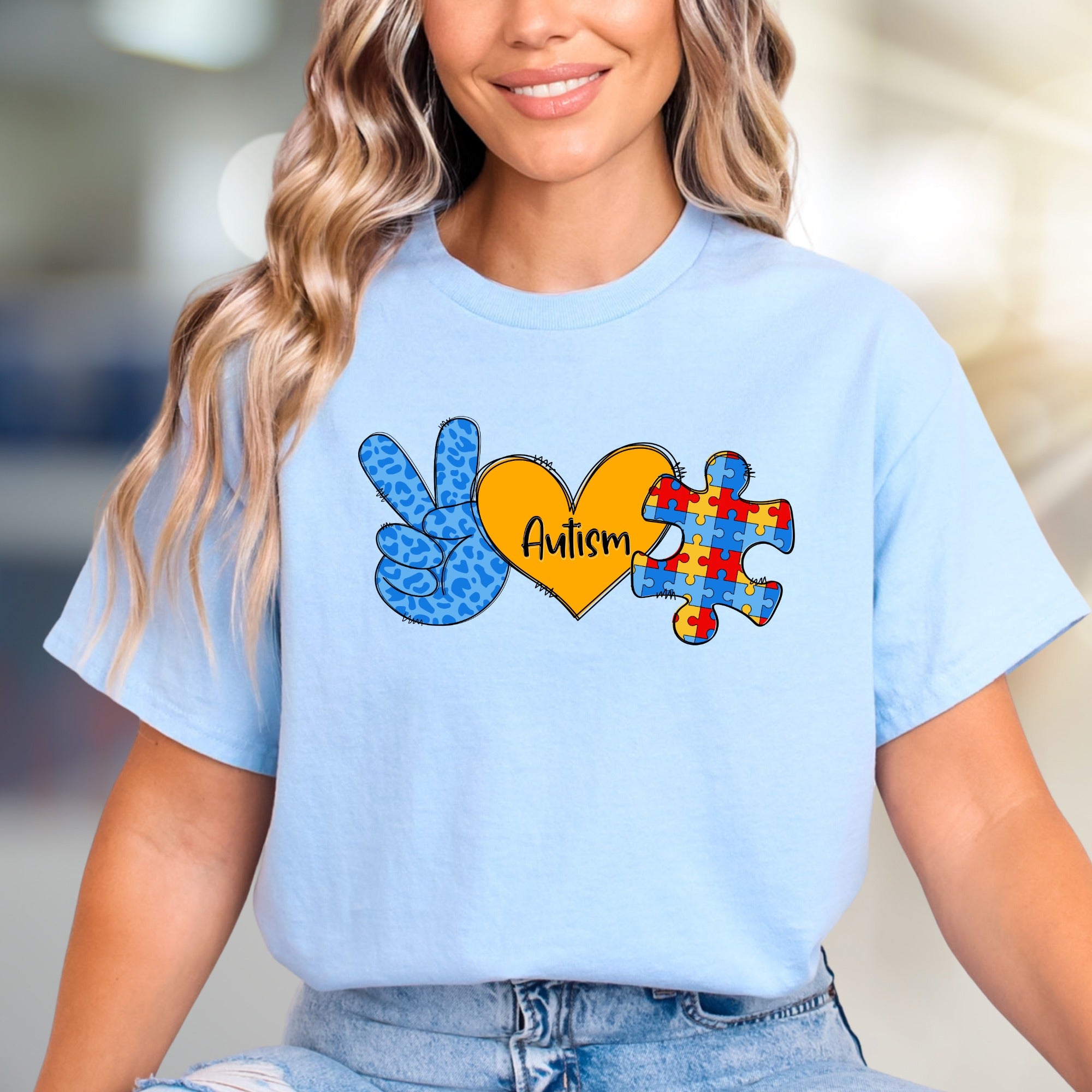 “Autism” Peace, Love & Puzzle Graphic Tee, a Supportive Awareness Pick for Advocates