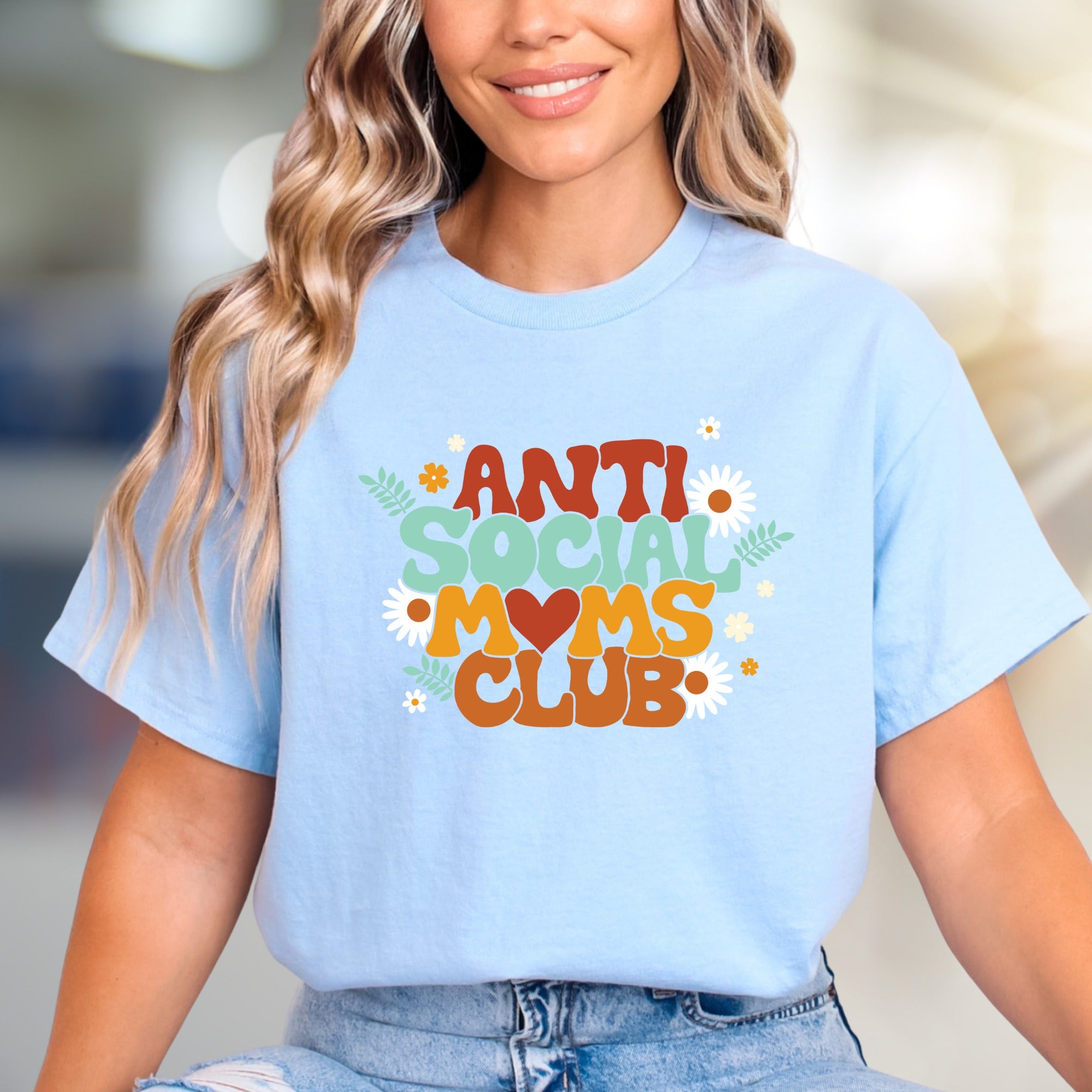 "Anti Social Moms Club" Retro Floral Graphic Tee, a Witty Pick for Modern Mamas