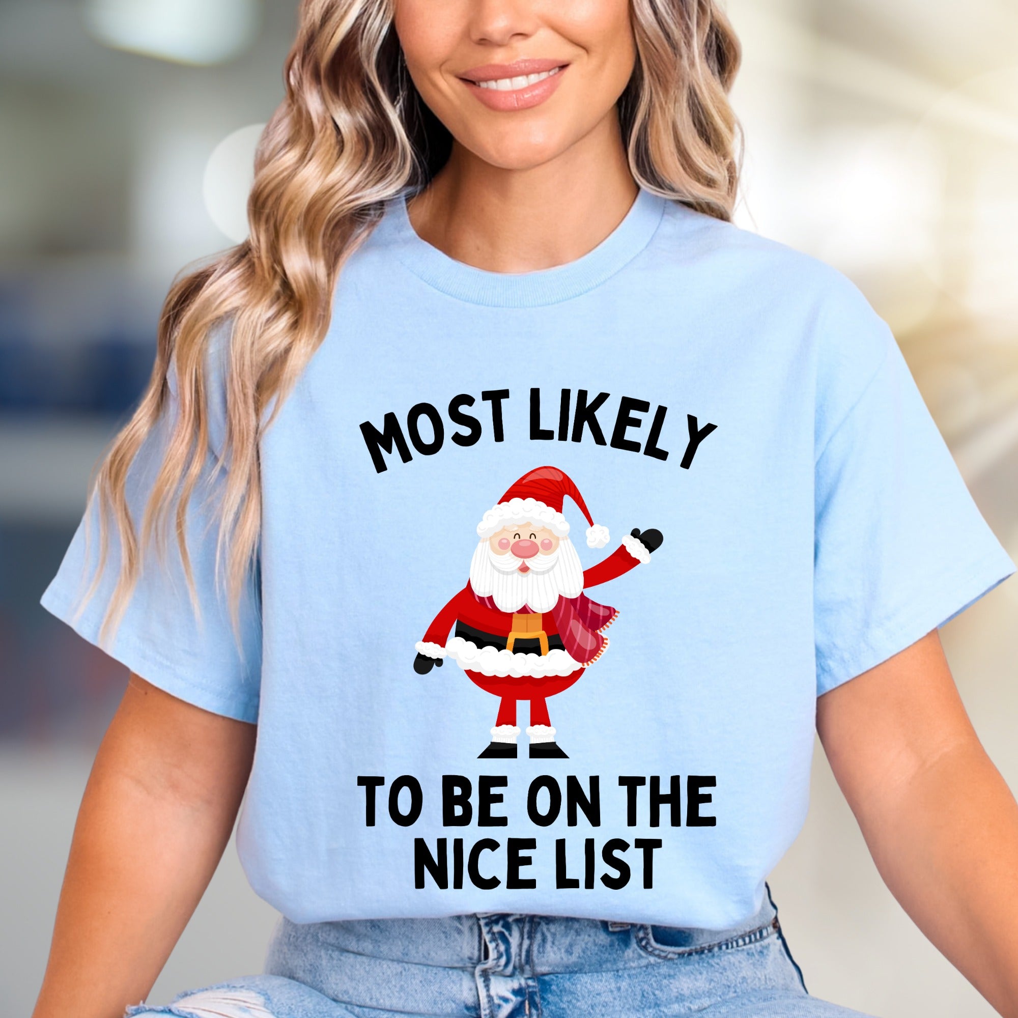 "Most Likely To Be On The Nice List" Jolly Santa Graphic Tee, a Festive Christmas Pick for Holiday Lovers