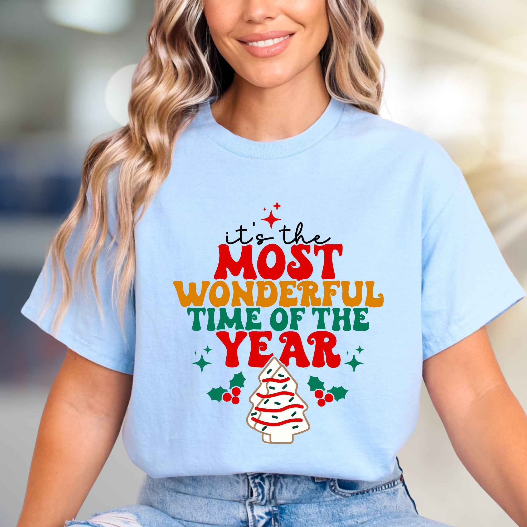 "It's the Most Wonderful Time of the Year" Whimsical Christmas Tree Graphic Tee, a Festive Holiday Pick for Everyone