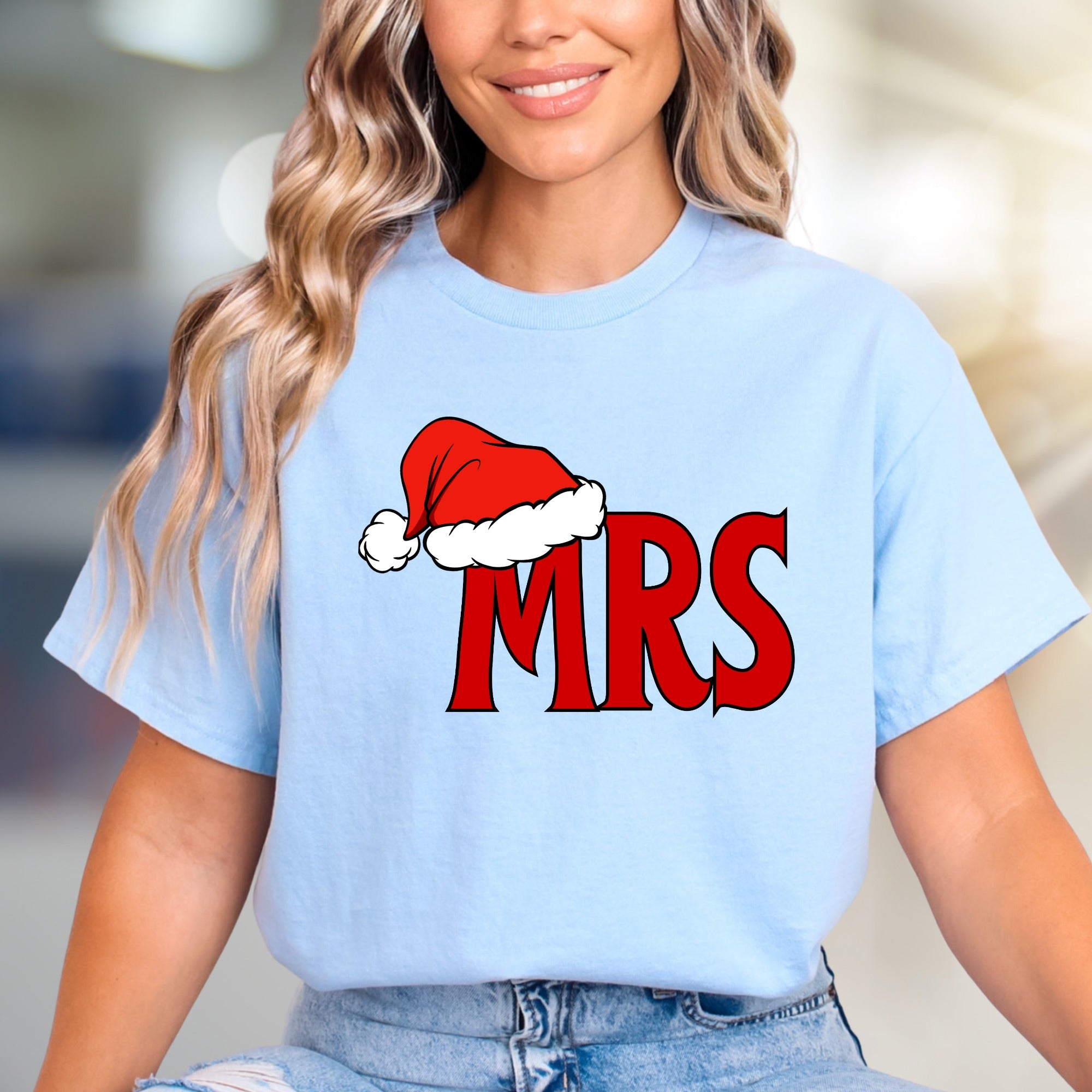 "MRS" Christmas Santa Hat Graphic Tee, a Festive Couple's Pick for Her