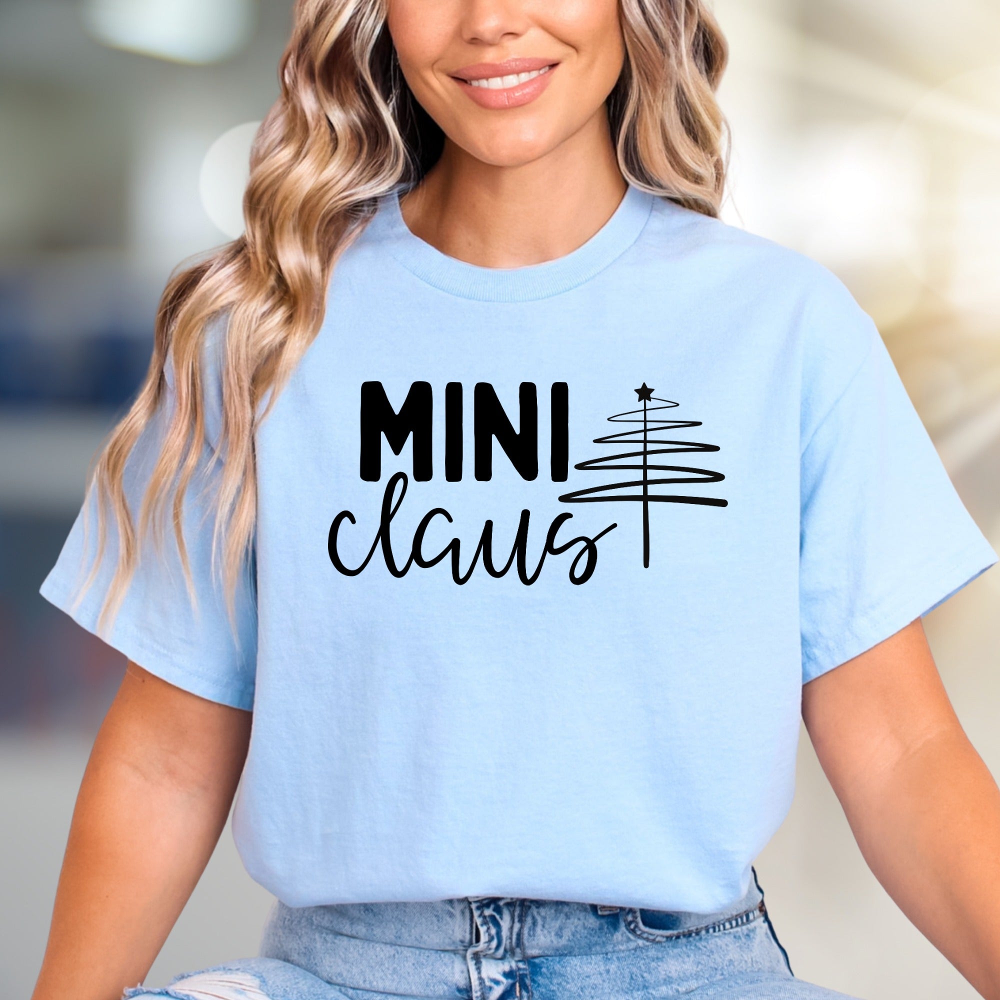 "MINI Claus" Whimsical Christmas Tree Graphic Tee, a Festive Pick for Holiday Enthusiasts