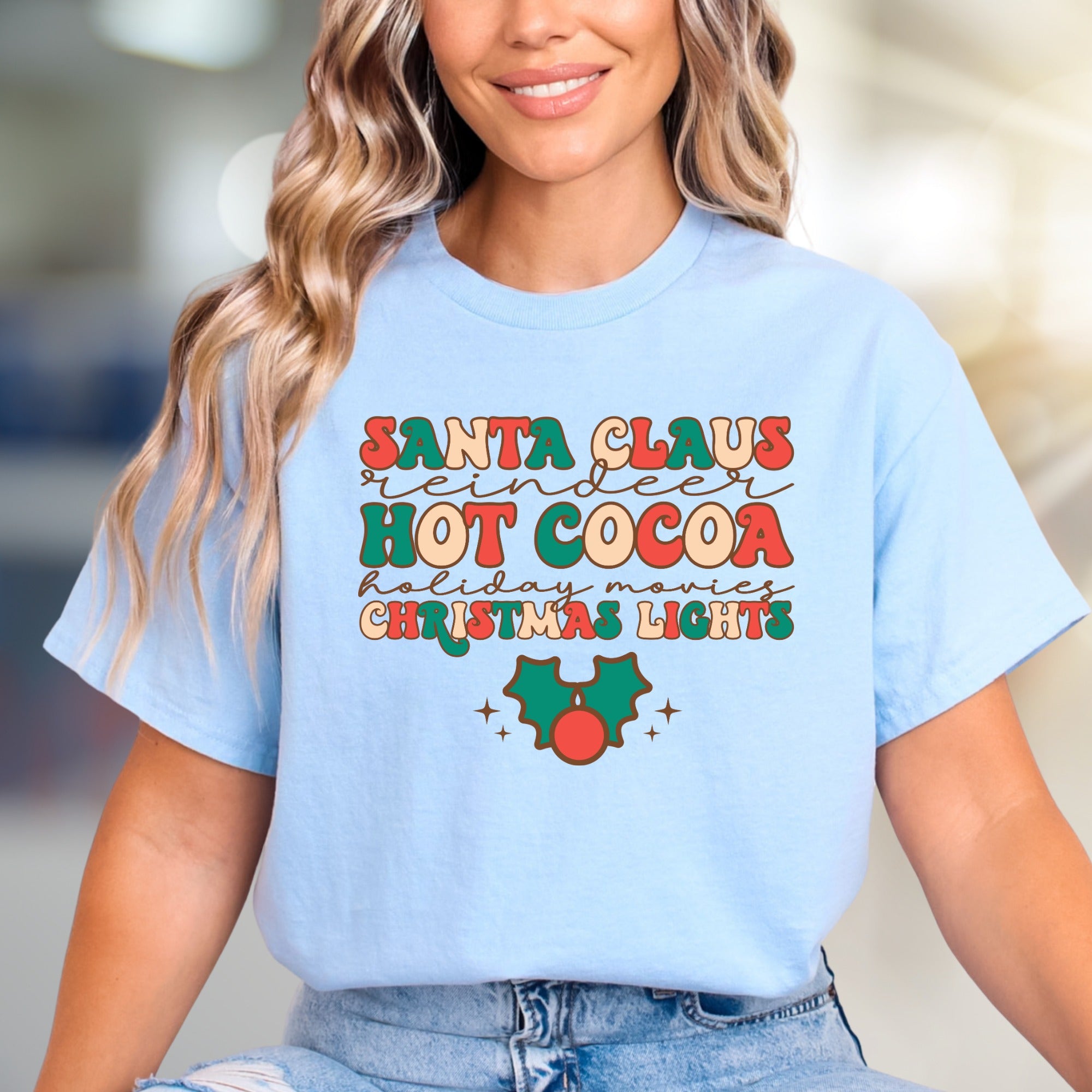 "SANTA CLAUS, REINDEER, HOT COCOA" Retro Christmas Graphic Tee, a Festive Pick for Holiday Lovers