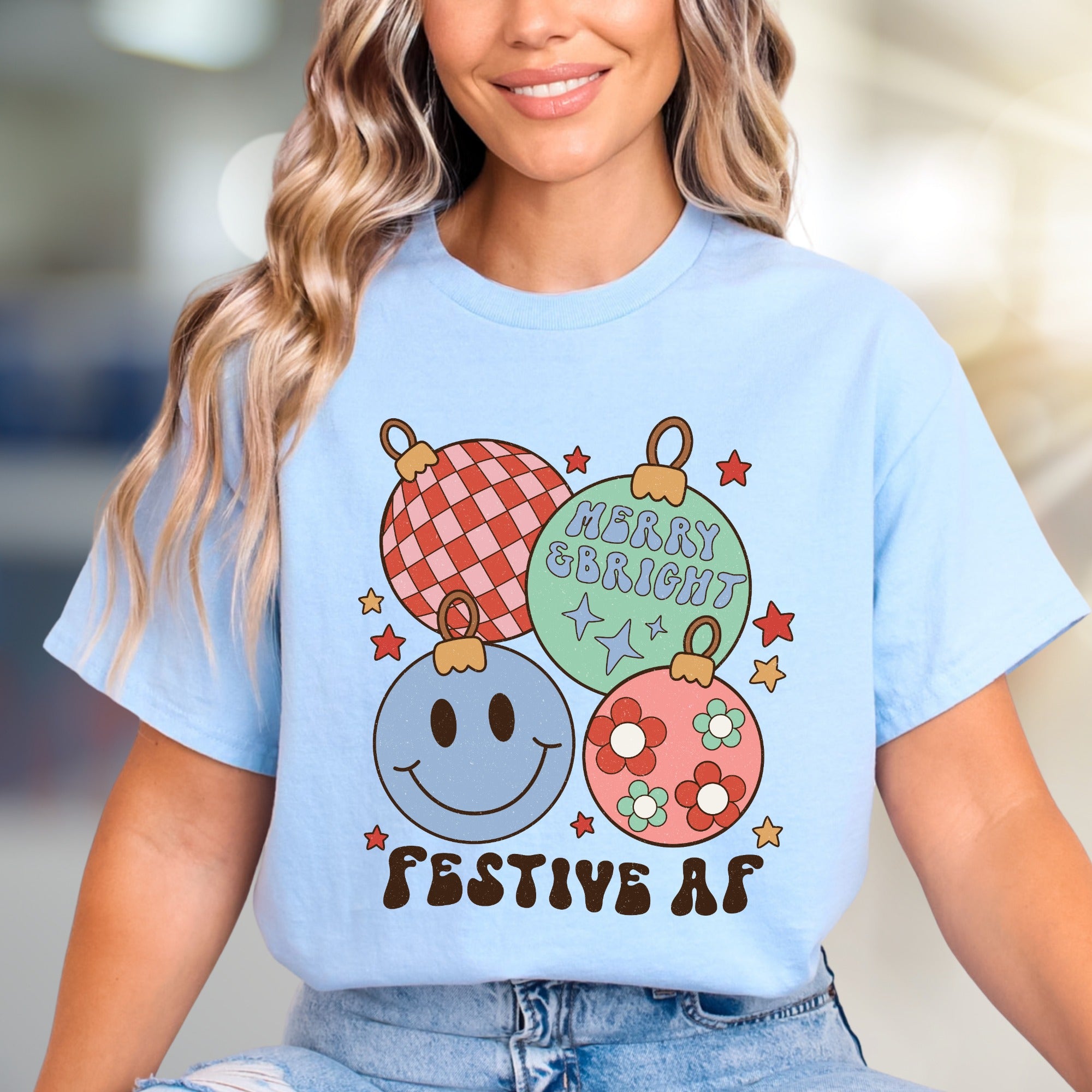 "Festive AF" Retro Holiday Ornaments Tee, a Groovy Christmas Pick for Everyone