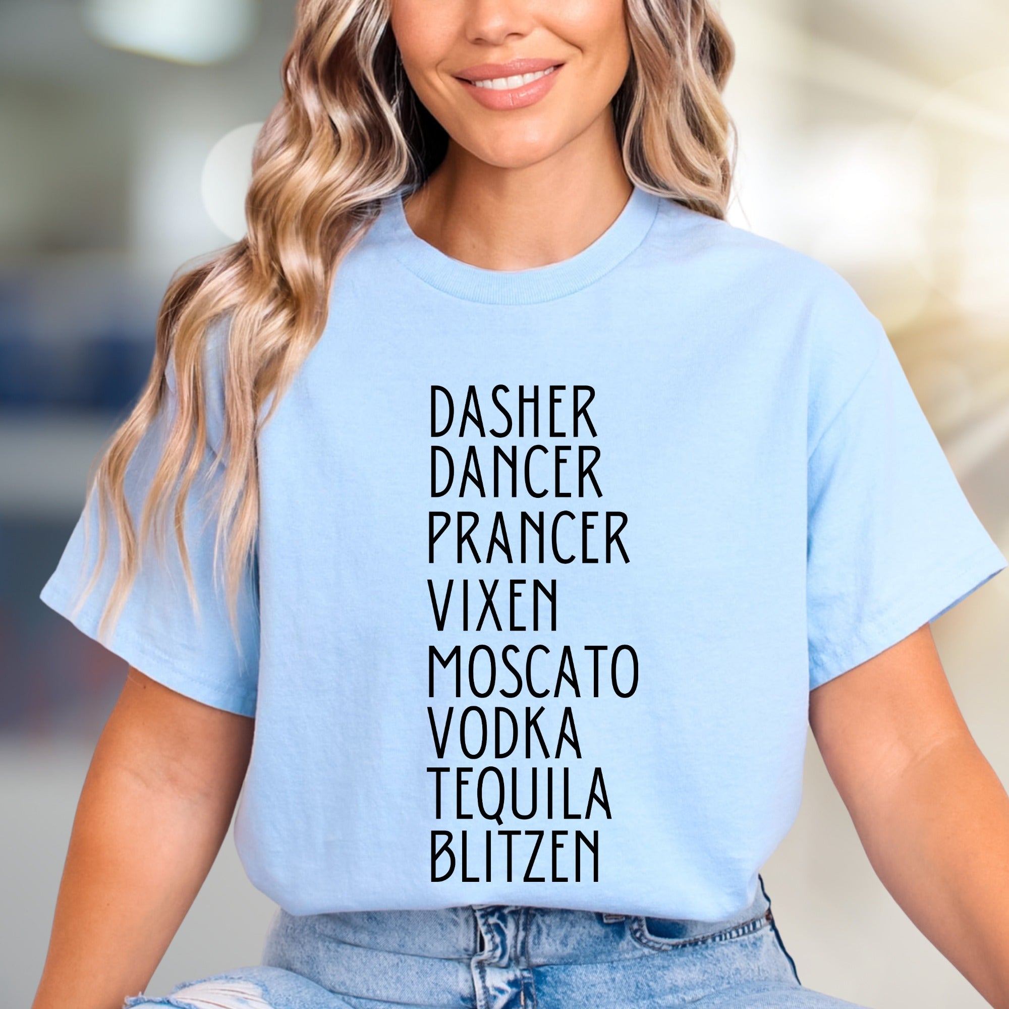 "Dasher, Dancer, Moscato & Blitzen" Christmas Party Graphic Tee, a Festive Naughty & Nice Pick for Holiday Enthusiasts