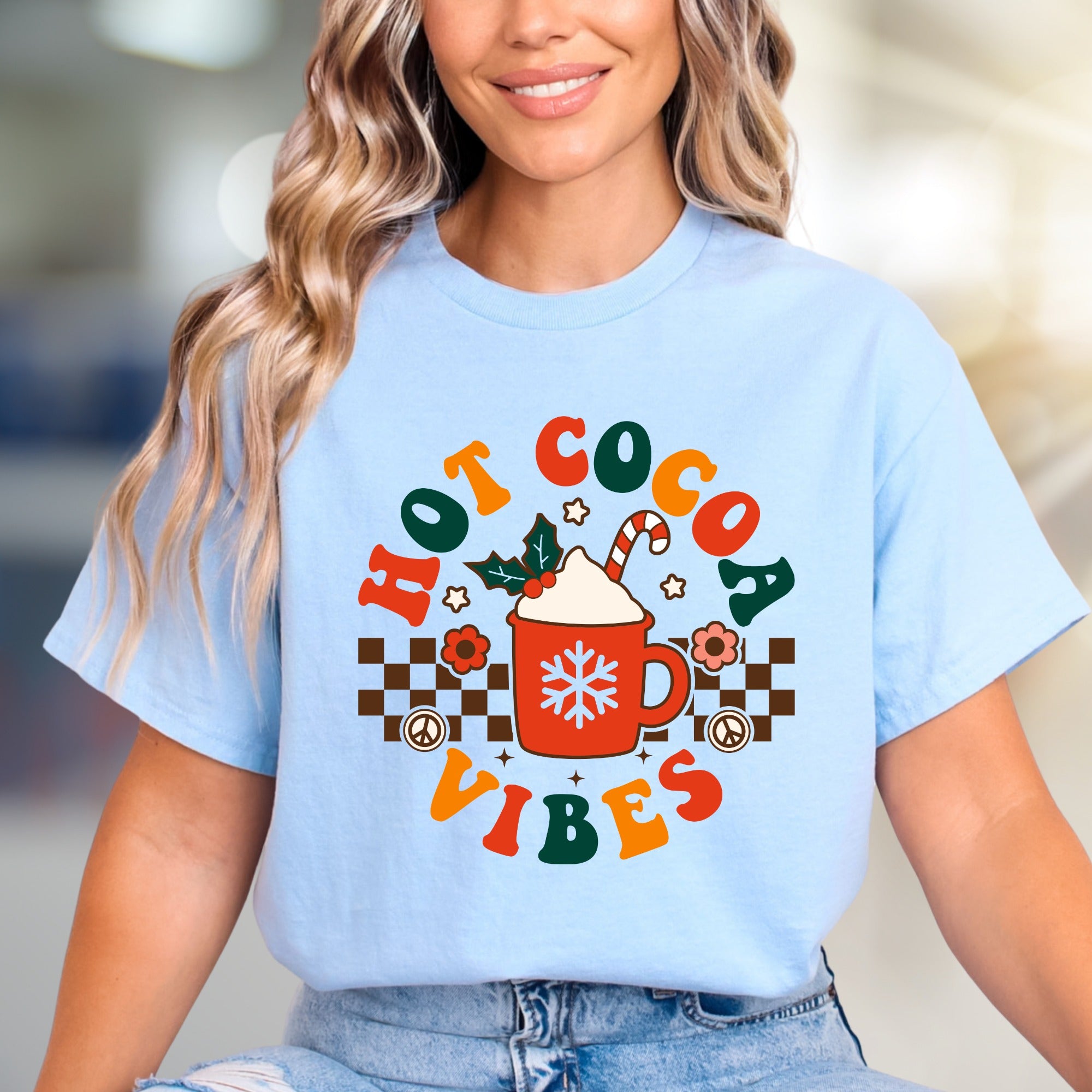 "Hot Cocoa Vibes" Retro Graphic Tee, a Whimsical Pick for Winter Lovers