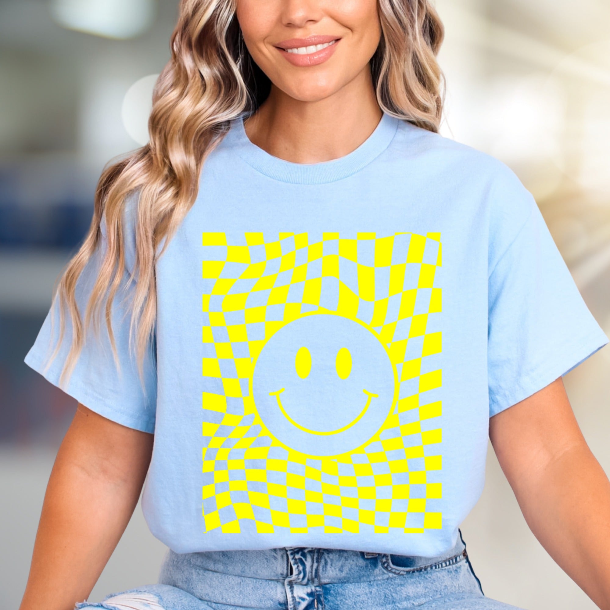 Warped Checkerboard Smiley Graphic Tee, A Retro-Inspired Pick for Free Spirits
