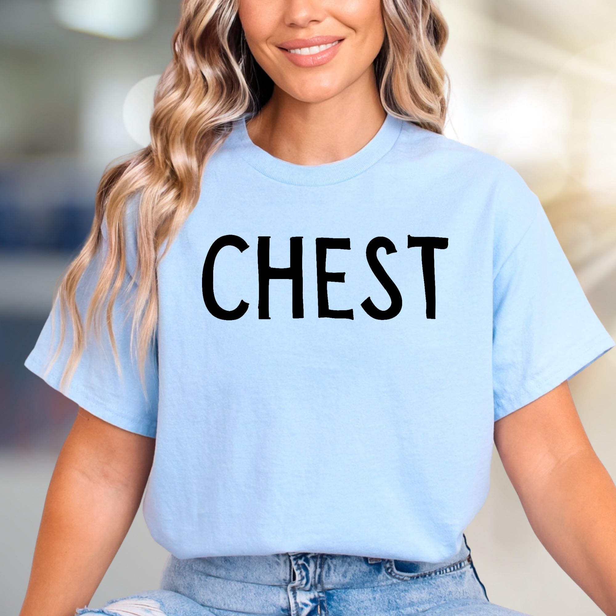 “CHEST” Funny Sarcastic Graphic Tee, A Humorous Pick for Gym Enthusiasts