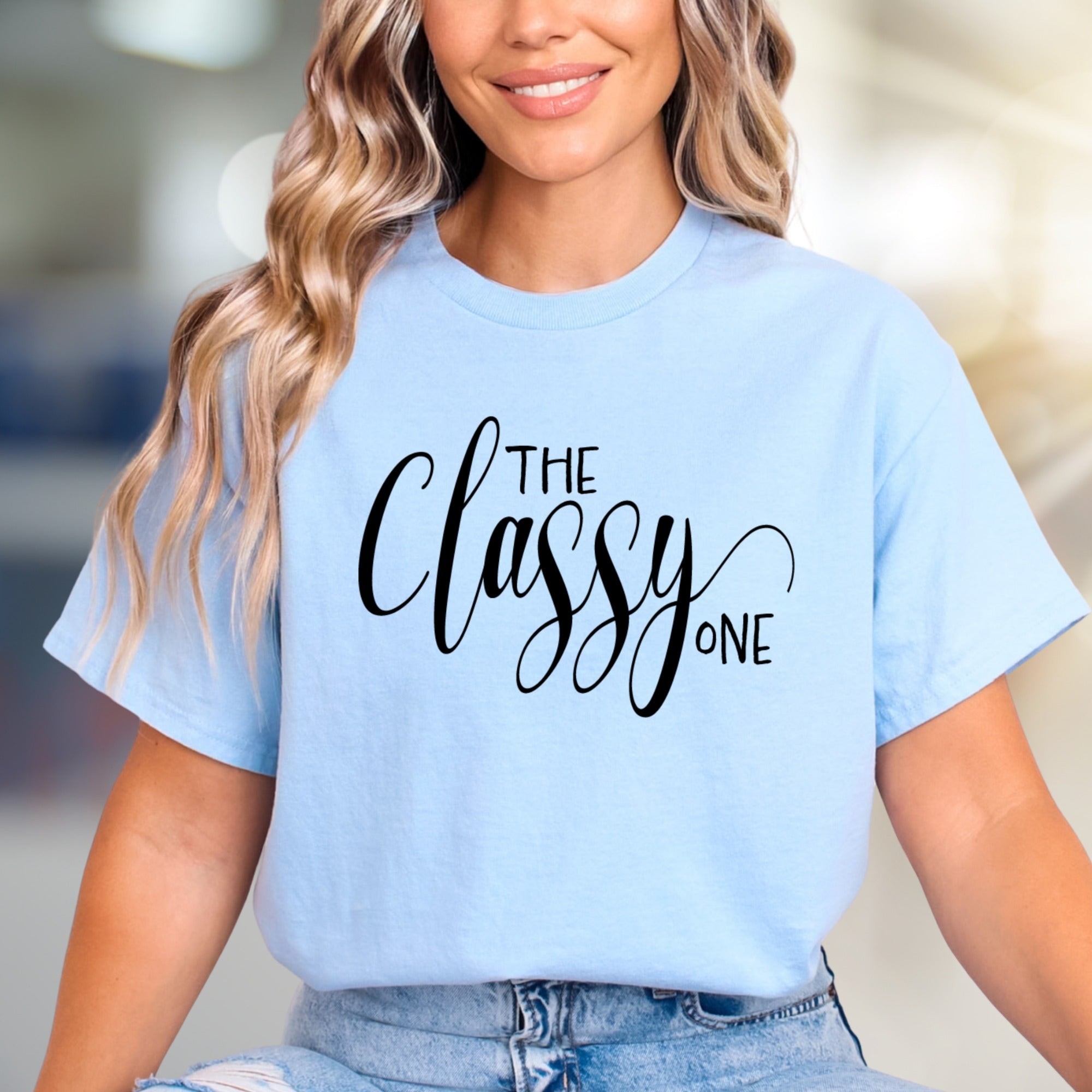 "THE Classy ONE" Elegant Script Graphic Tee, a Chic Statement for Her