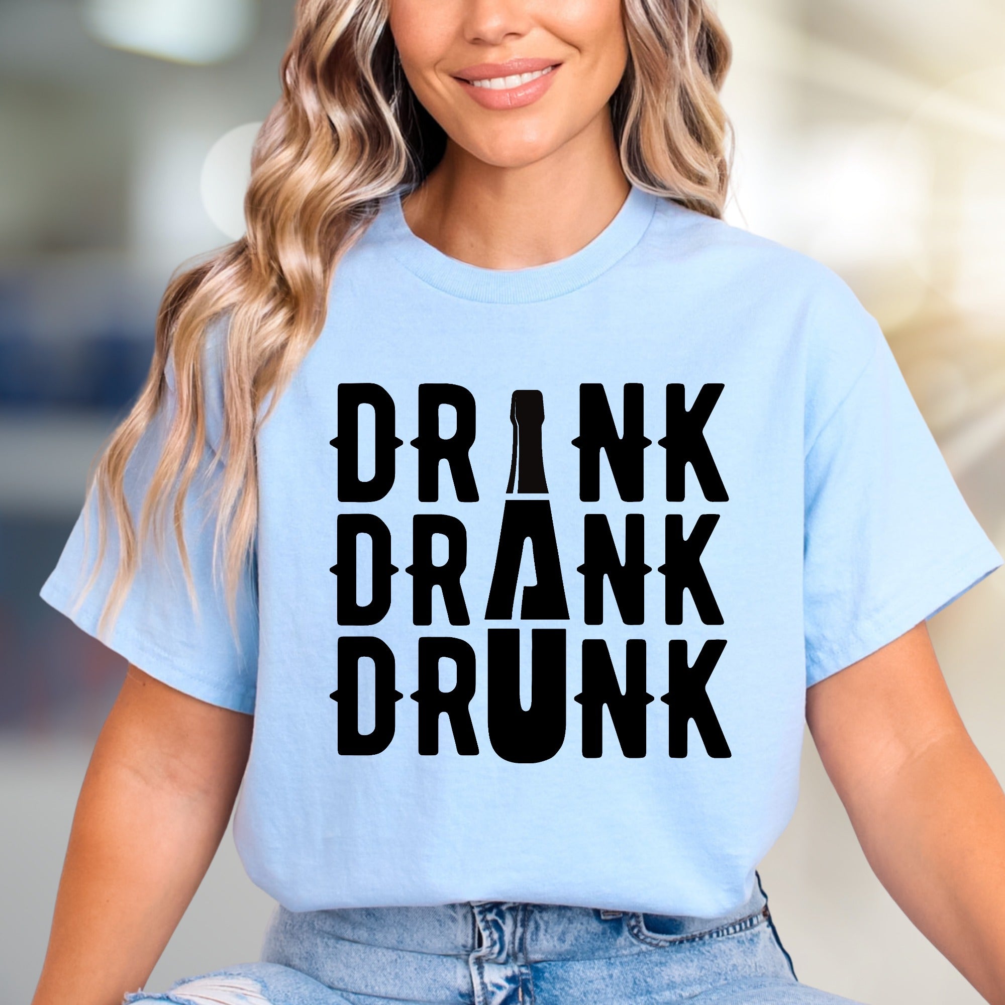 "DRINK DRANK DRUNK" Bar Night Graphic Tee, a Funny Party Pick for Revelers