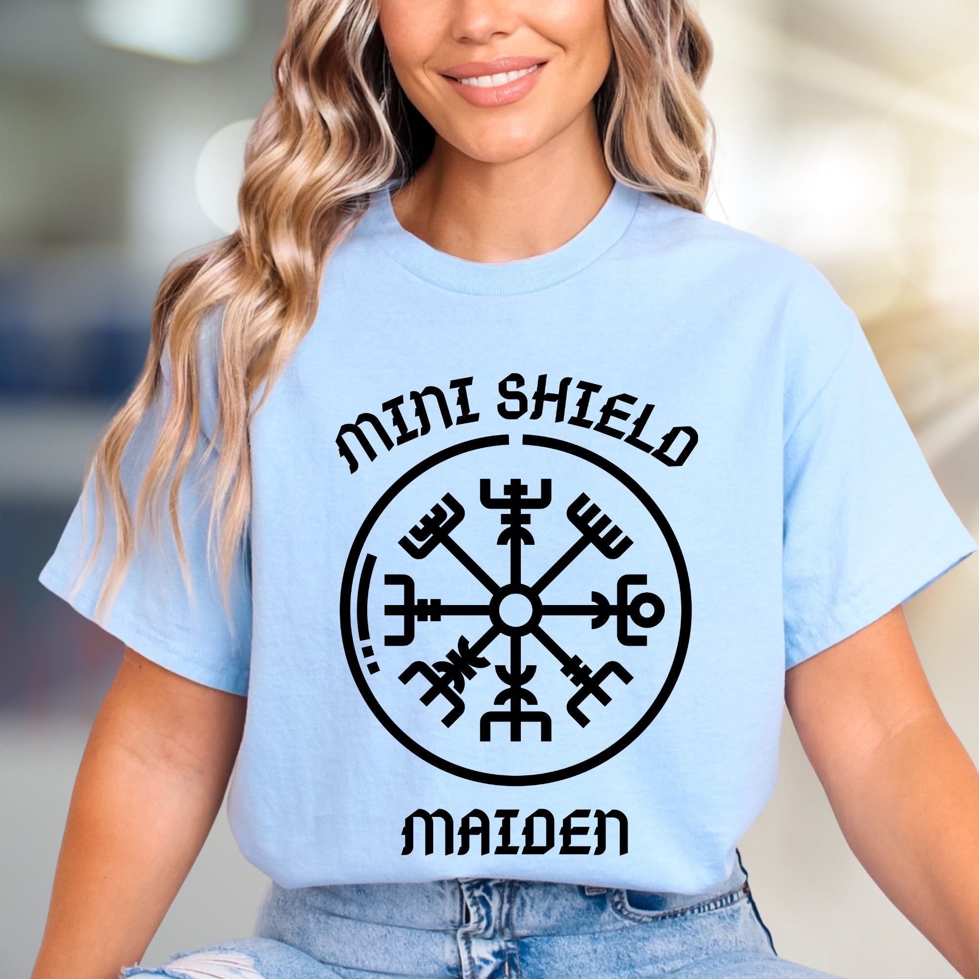 "MINI SHIELD MAIDEN" Viking Rune Compass Graphic Tee, a Norse Mythology Pick for Enthusiasts