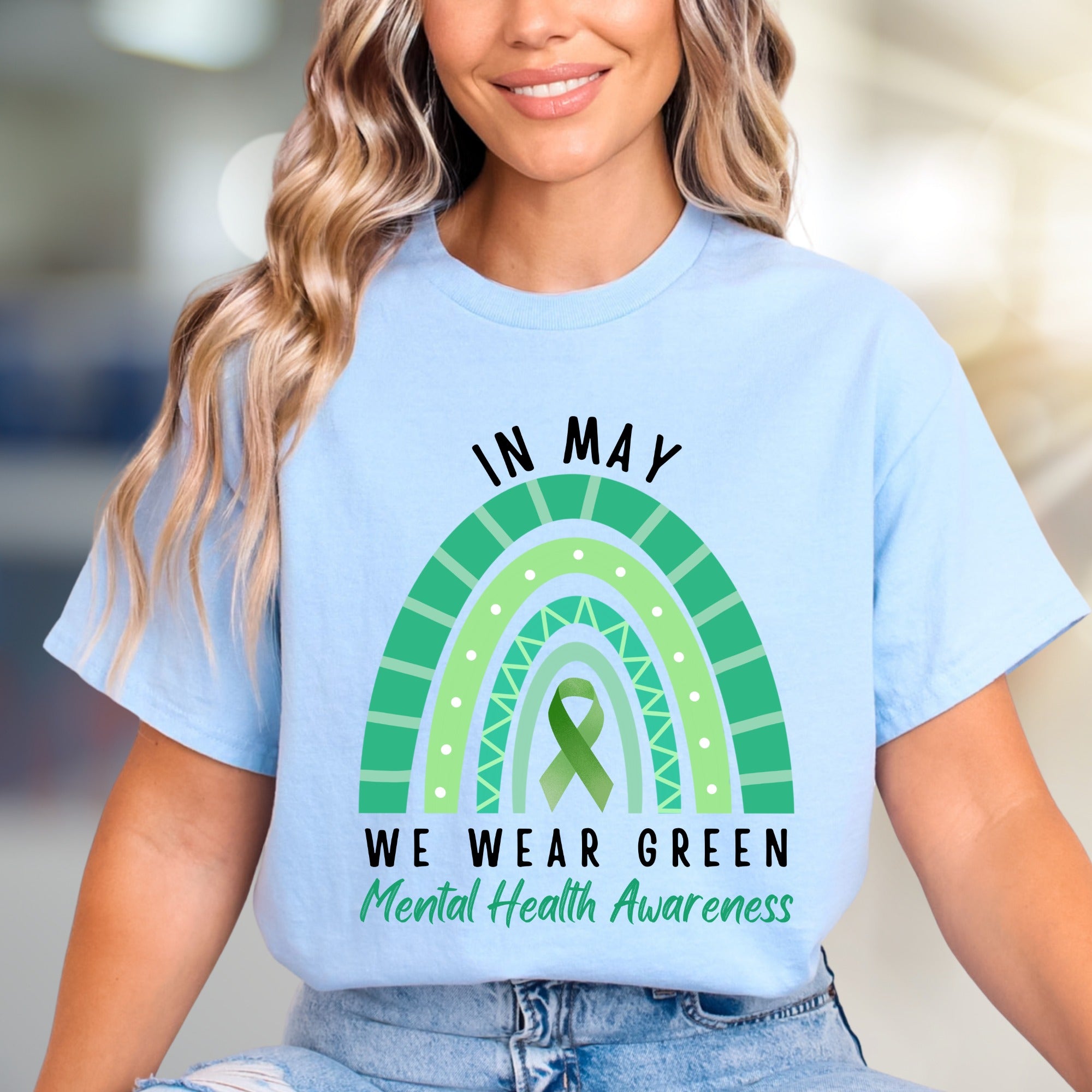 "IN MAY WE WEAR GREEN" Mental Health Awareness Rainbow Graphic Tee, a Supportive Expression for Advocates
