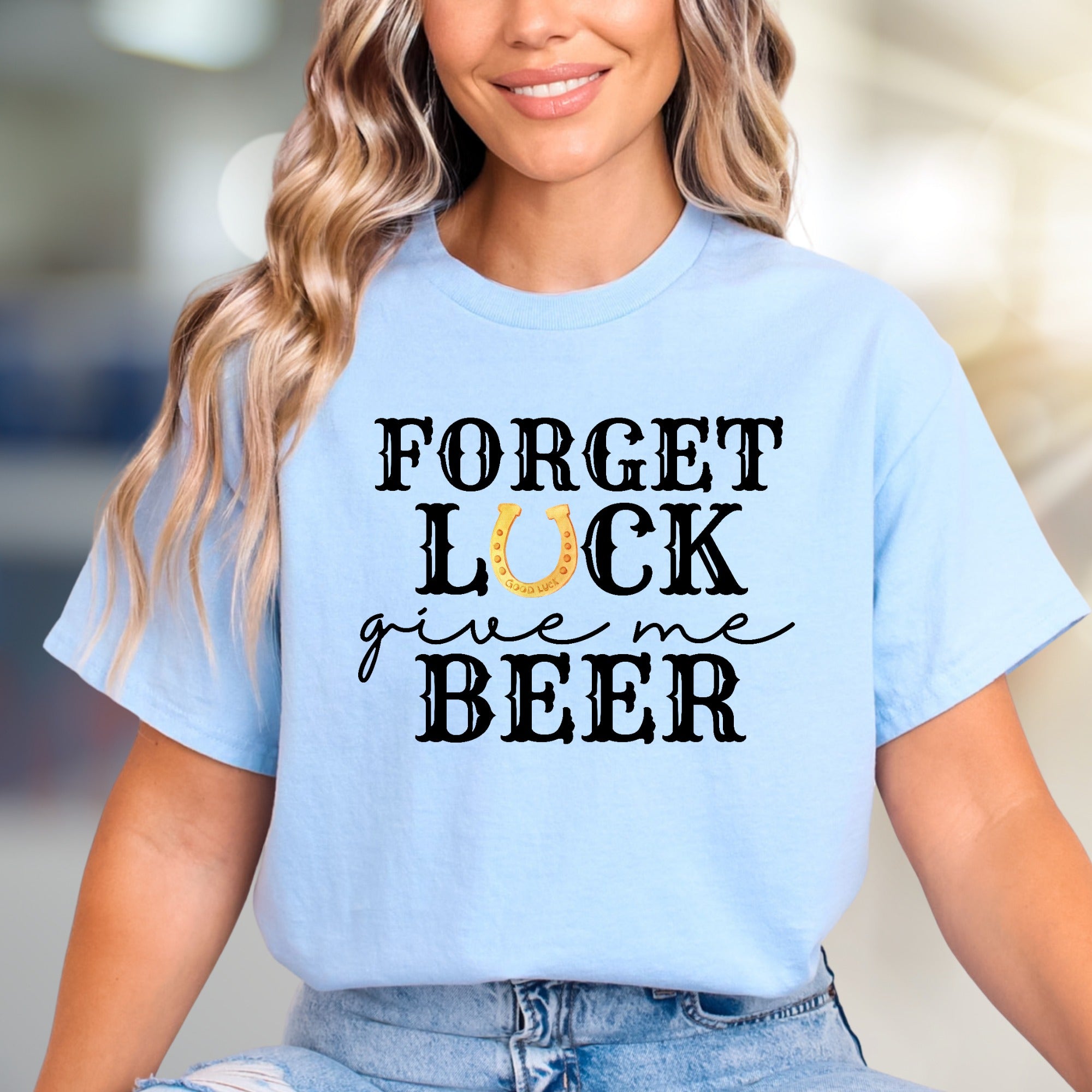 "Forget Luck Give Me Beer" Western Graphic Tee, a Bold Statement for Brew Lovers