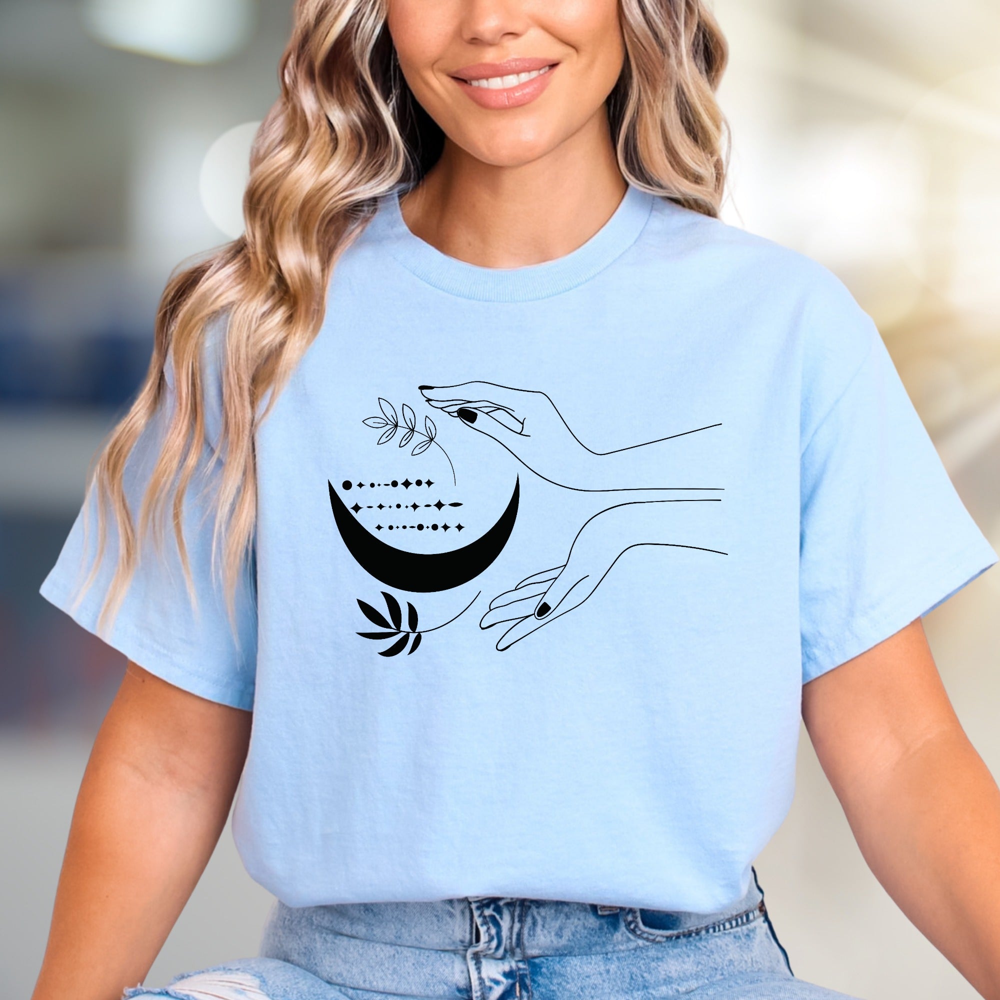 Moonlit Hands & Botanicals Graphic Tee, a Mystical Apparel for Spiritual Souls