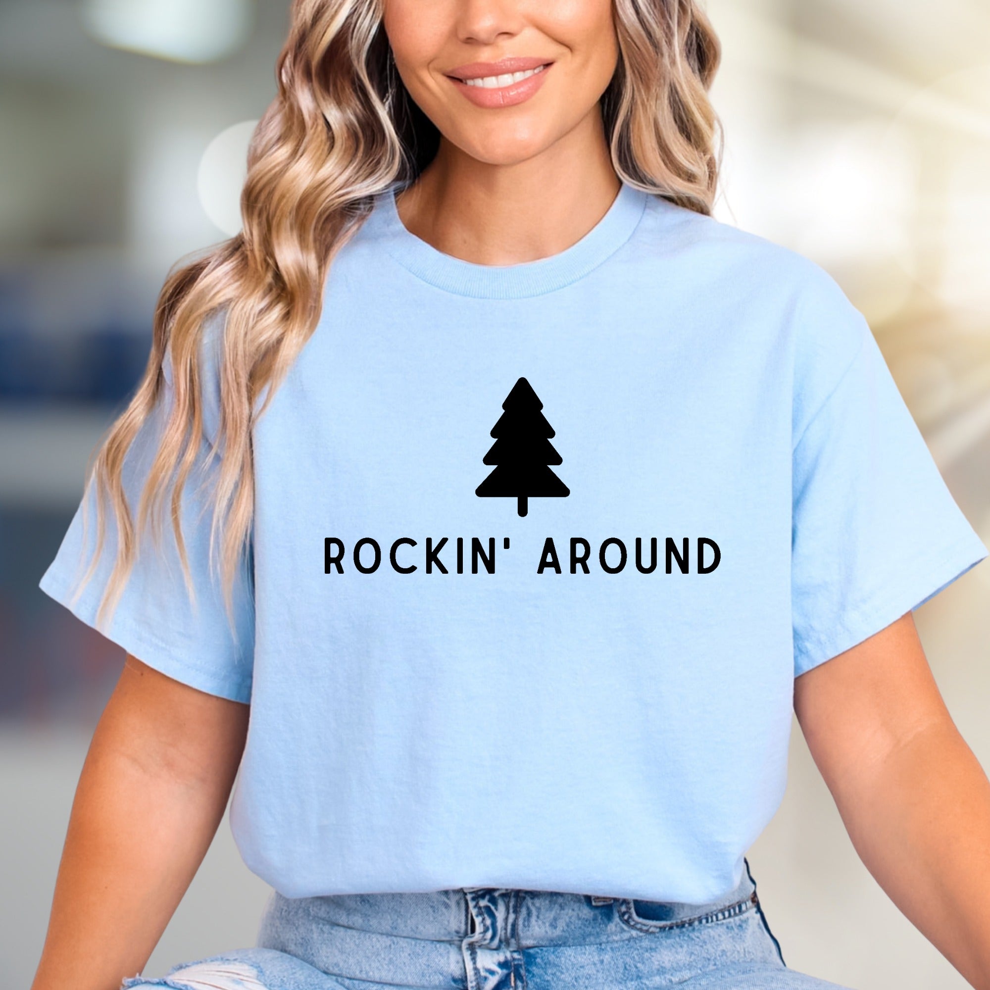 "ROCKIN' AROUND" Christmas Tree Graphic Tee, a Festive Holiday Pick for Merrymakers