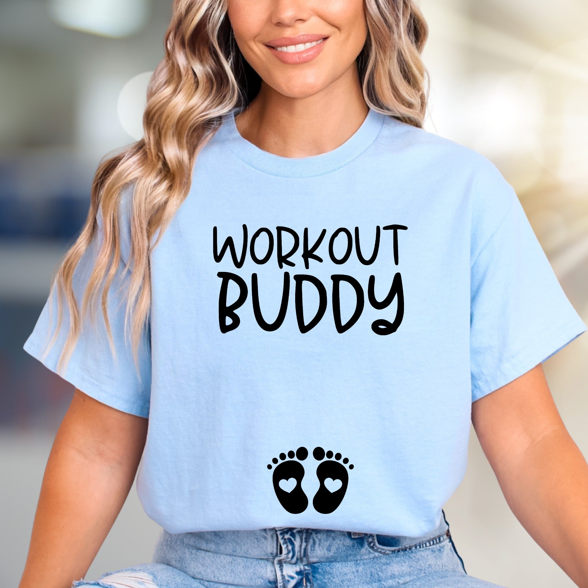 "Workout Buddy" Maternity Graphic Tee, a Pregnancy-Fit Pick for Expecting Moms