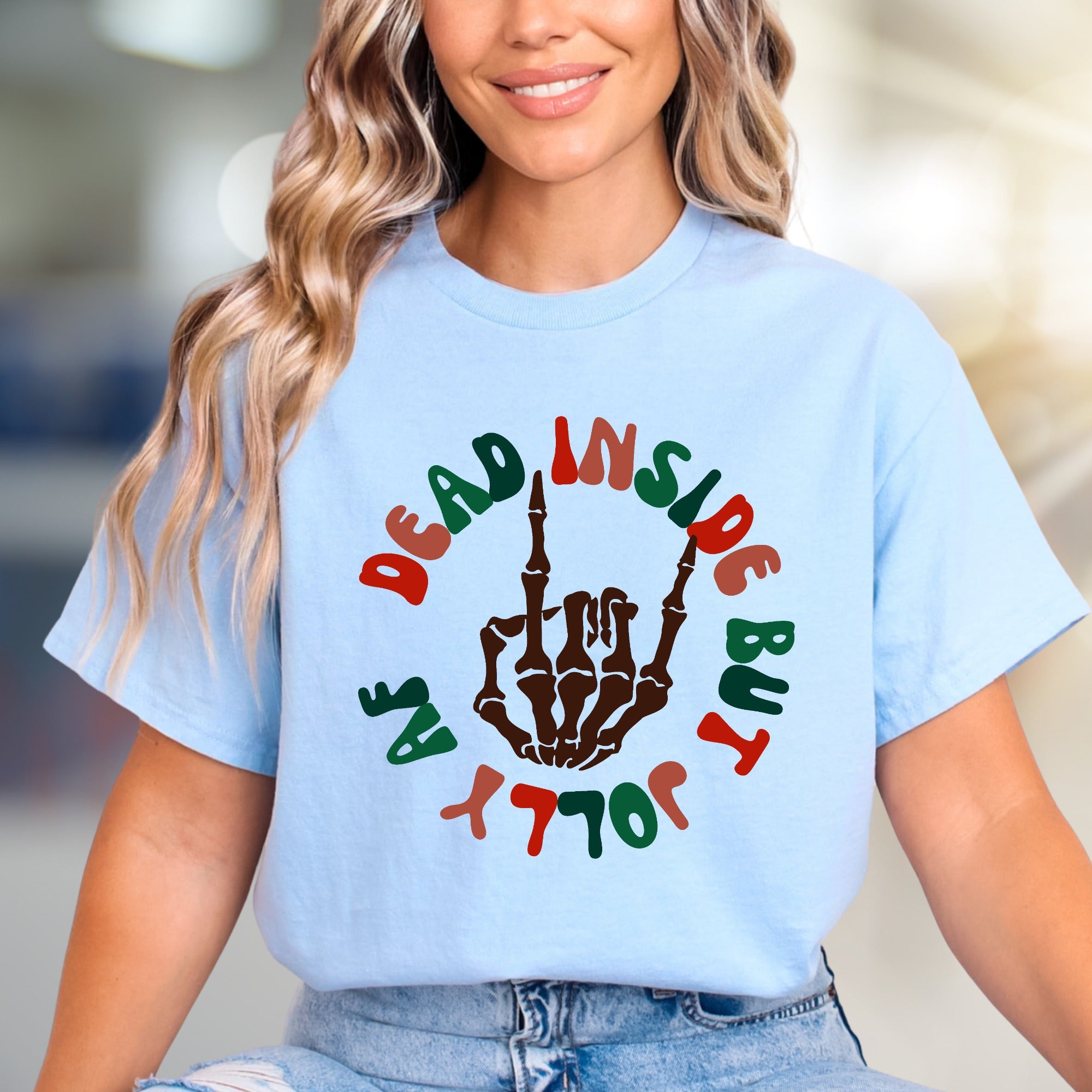 "Dead Inside But Jolly AF" Christmas Skeleton Graphic Tee, a Witty Holiday Pick for Festive Souls